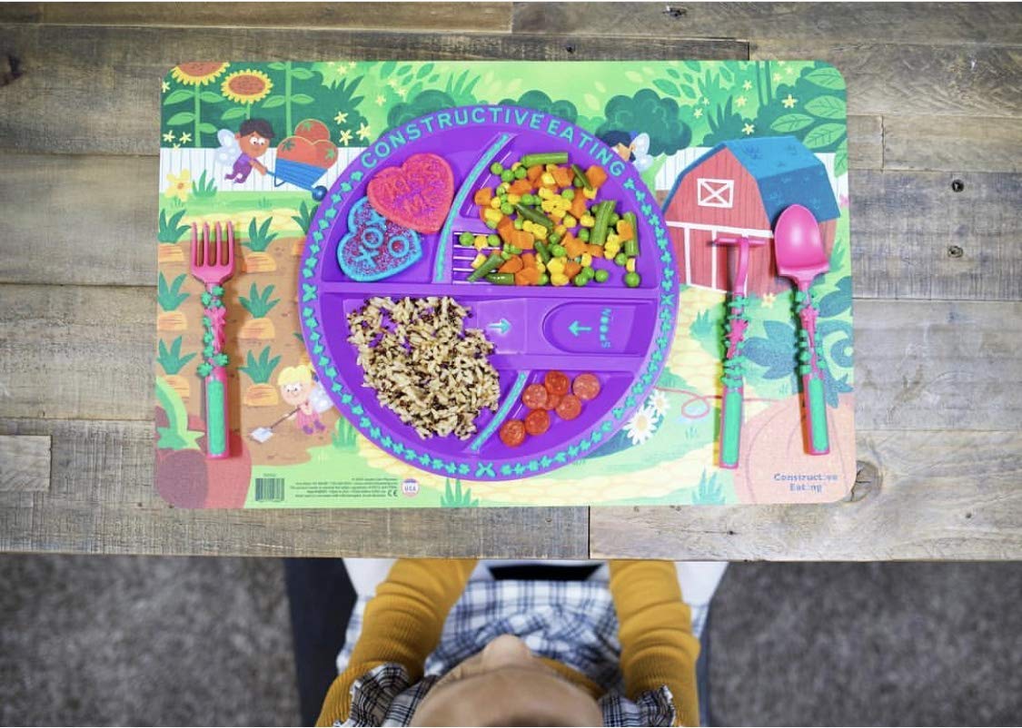 Constructive Eating Garden Fairy Plate, Placemat and Utensil Set for Kids - Fun & Educational Toddler Mealtime Set with Fork, Spoon & Non-Slip Mat - Perfect for Birthday Gifts, Parties & Learning Healthy Eating Habits