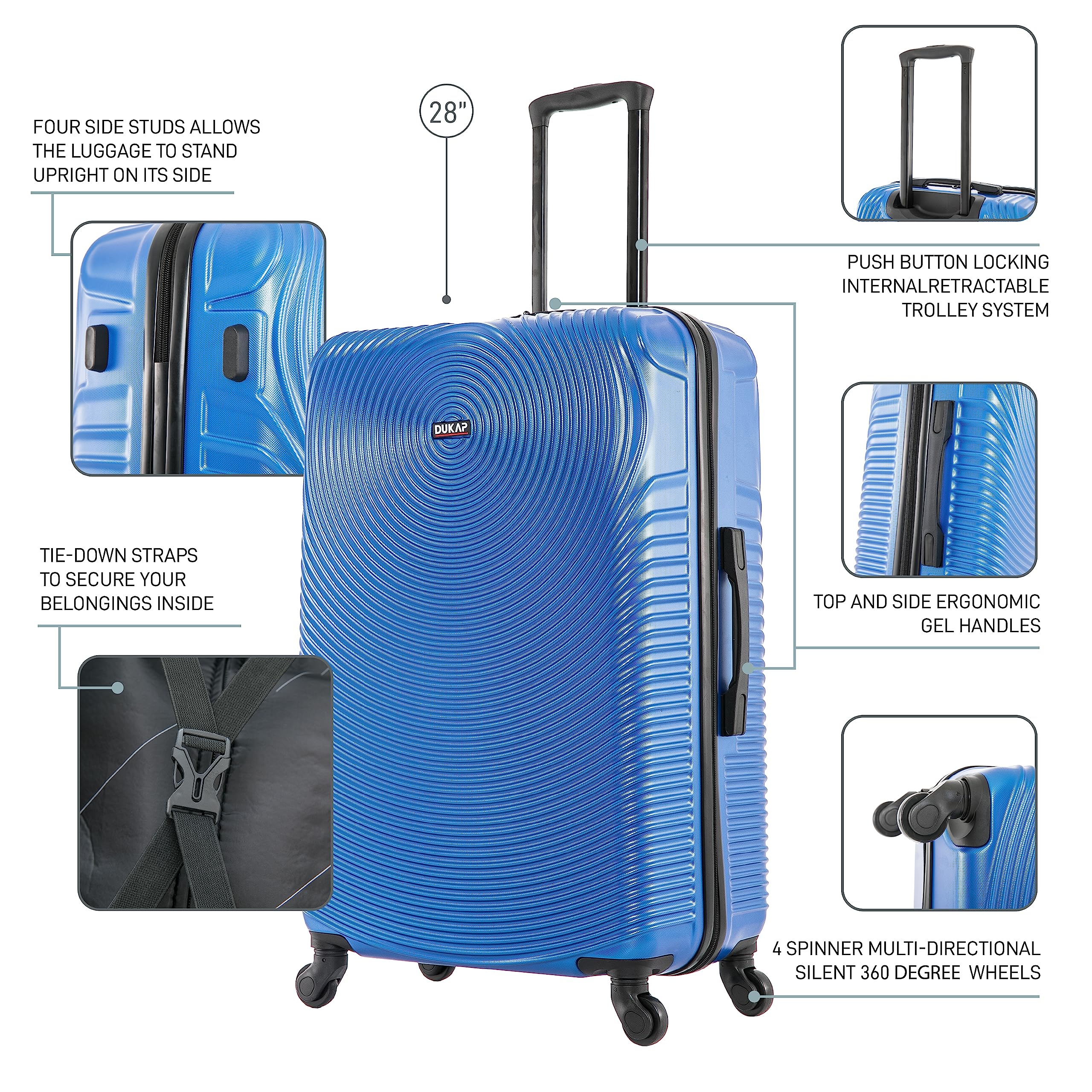 DUKAP INCEPTION 3-Piece Hardshell Luggage Set with Spinner Wheels - 20in, 24in, 28in Lightweight Durable Suitcases with Trolley Handle - Perfect for Air Travel, Business Trips & Family Vacations - Blue