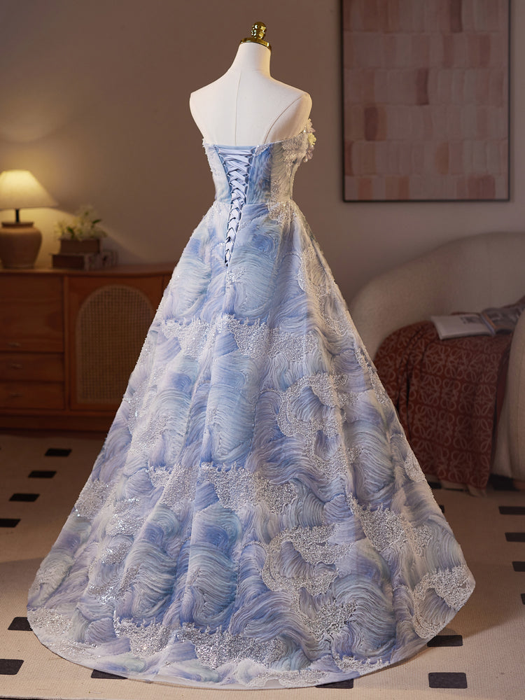 Elegant Blue A-Line Sweetheart Neckline Floral Long Prom Dress for Evening Gala, Homecoming, and Formal Events