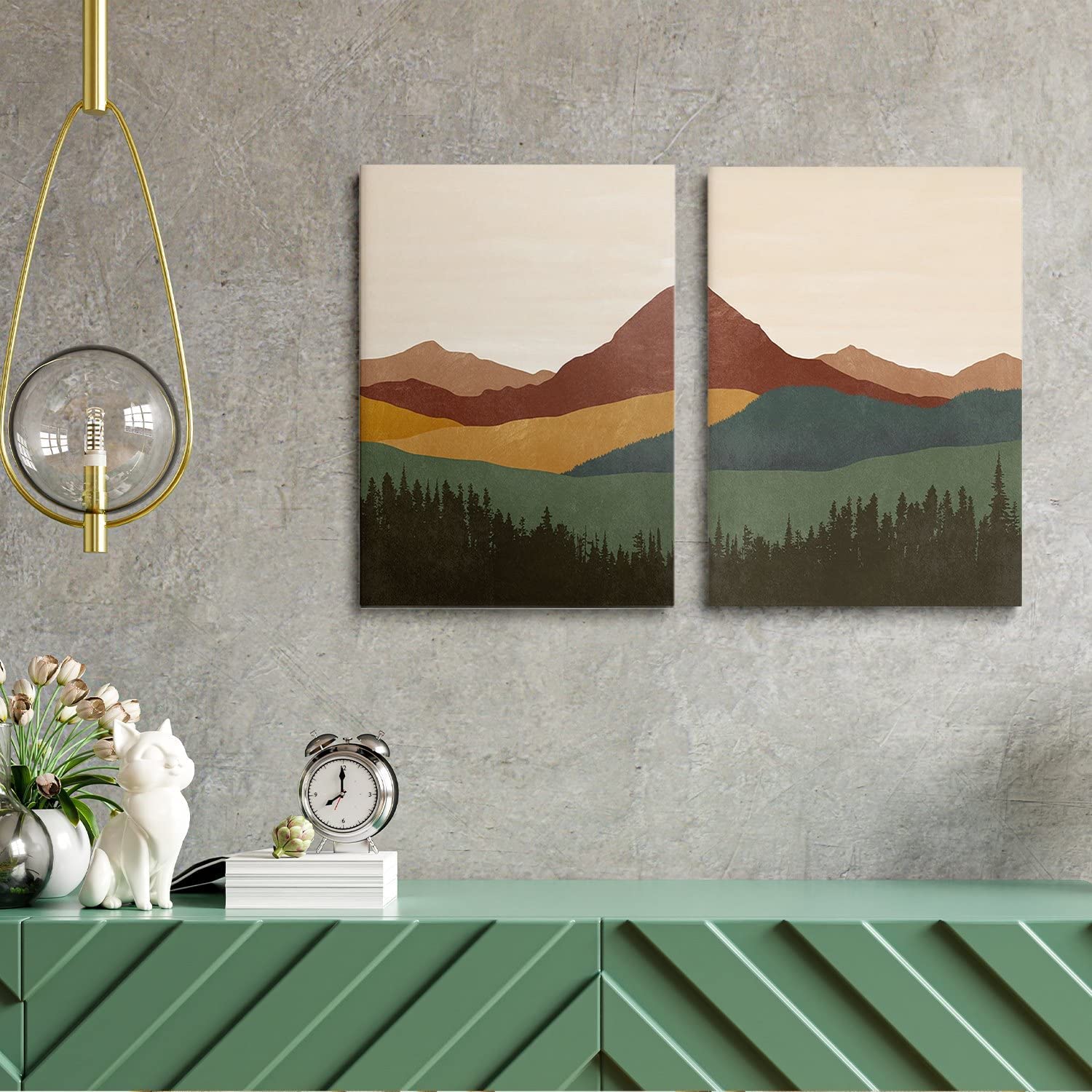 Mid Century Boho Minimalist Canvas Prints - Set of 2 Framed 20x28 inch Abstract Landscape Wall Art for Living Room, Bedroom & Dining Room Decor | Modern Mountain Home Decor & Bohemian Interior Design