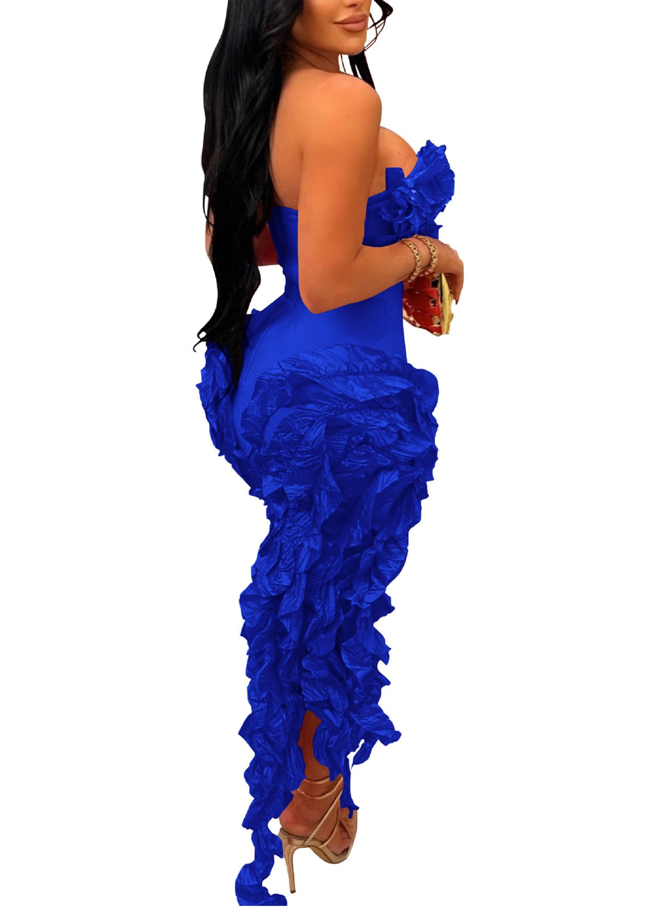Sexy Women's Ruffle Bodycon Strapless Dress with Tassels & High Slit - Elegant Midi Tube Dress for Summer Parties, Prom Night, Date Night & Club Wear