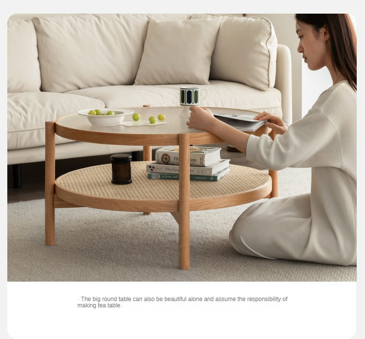 Stylish Oak Solid Wood Coffee Table with Glass Top and Rattan Accents - Perfect for Living Room, Lounge, and Home Decor