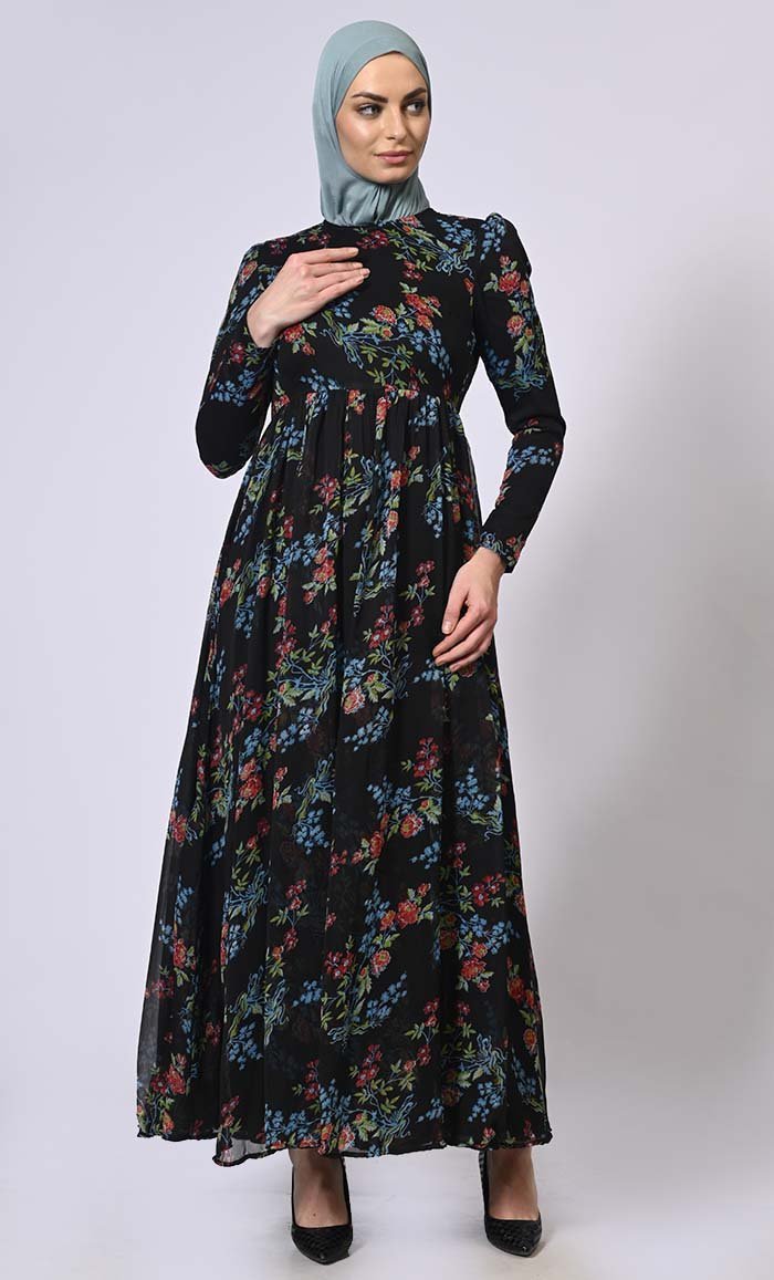 Midnight Blooms Printed Abaya with Adjustable Belt & Matching Hijab - Elegant Islamic Dress for Women - Perfect for Prayer, Eid, Weddings & Special Occasions
