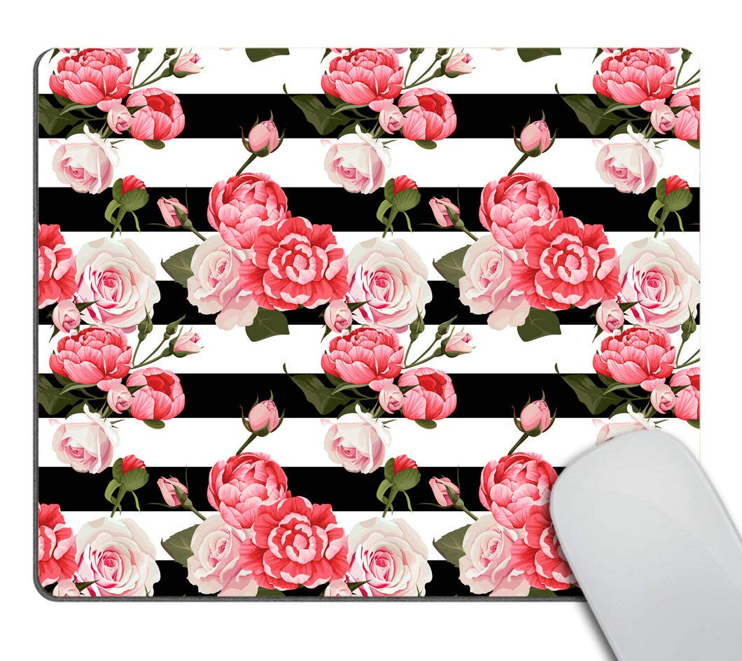Premium Non-Slip Peony & Rose Floral Mouse Pad - Black & White Striped Gaming Mousepad for PC & Laptop - Perfect for Office, Gaming & Home Workspace Decor