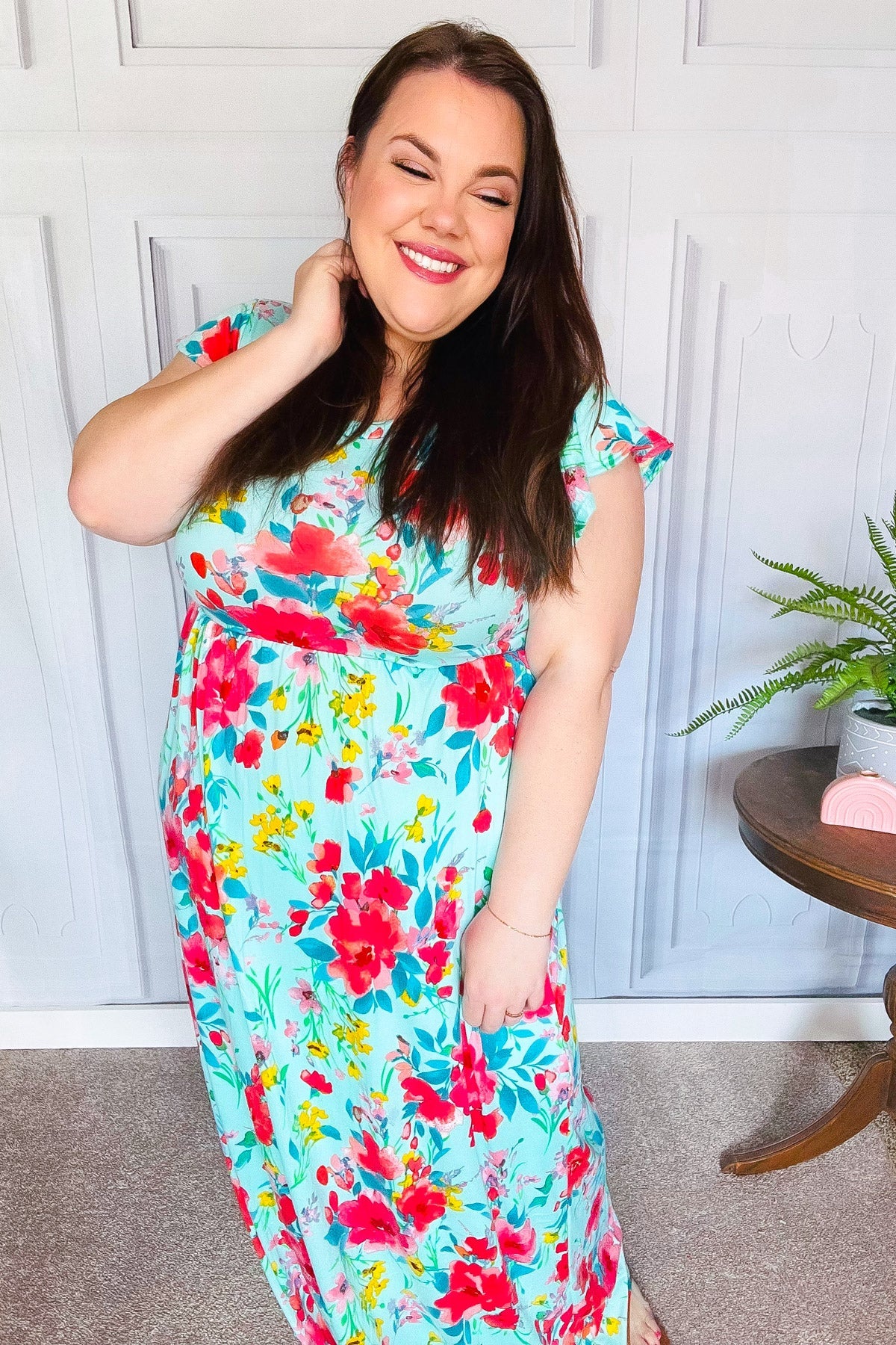 Aqua Floral Fit & Flare Maxi Dress for Women - Summer Beach Wedding Party Dress - Flowy Long Dress with V-Neck & Ruffle Hem