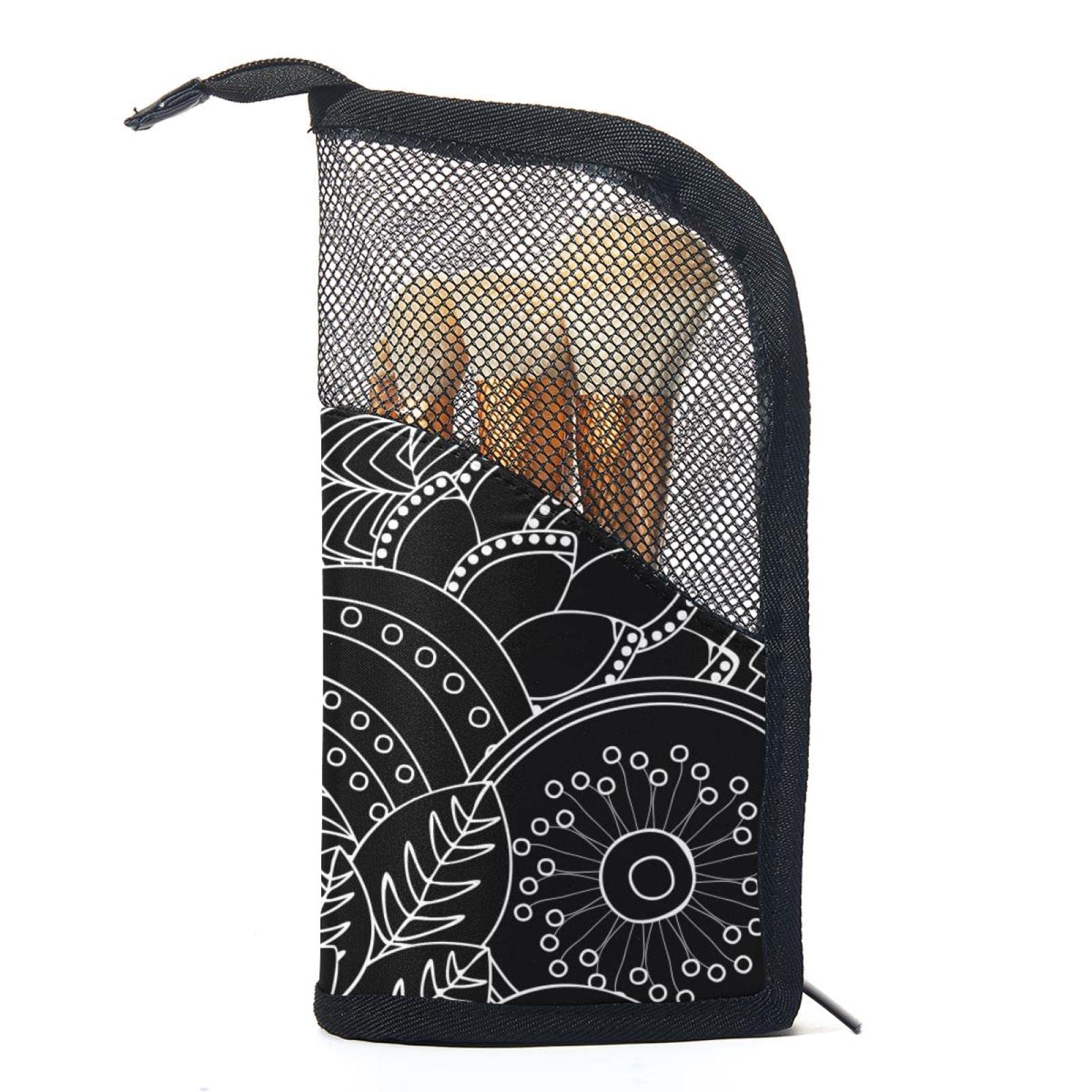 Premium 12-Piece Makeup Brush Organizer Bag with Black Daisy Floral Design - Portable Travel Cosmetic Brush Holder Case for Professional Artists & Home Beauty Storage