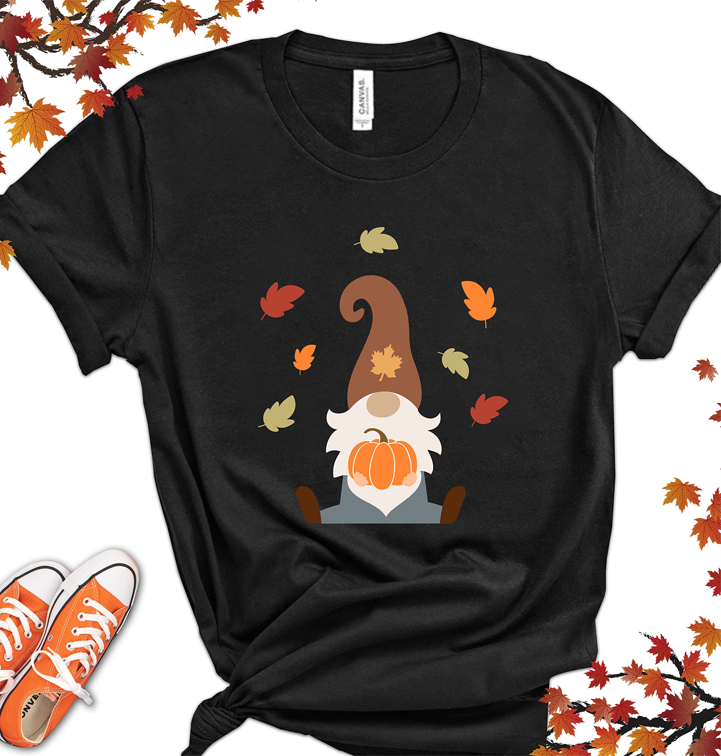 Gnomes T-Shirts for Women & Men | Fall Leaves & Pumpkin Print Autumn Tees | Thanksgiving & Halloween Graphic Shirts | Cozy Seasonal Gift for Christmas & Holiday Gatherings