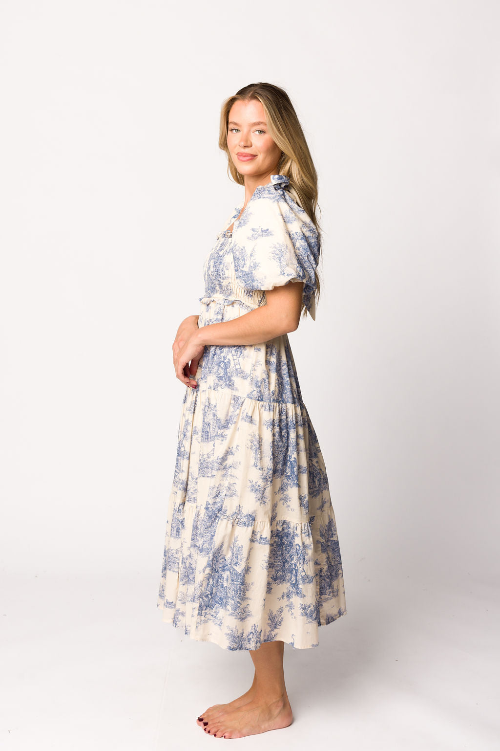 Elena 100% Cotton Toile Print Smocked Midi Dress in Blue - Bump Friendly Maternity Dress for Pregnancy, Nursing & Special Occasions | Perfect for Baby Showers, Brunch Dates & Summer Outings