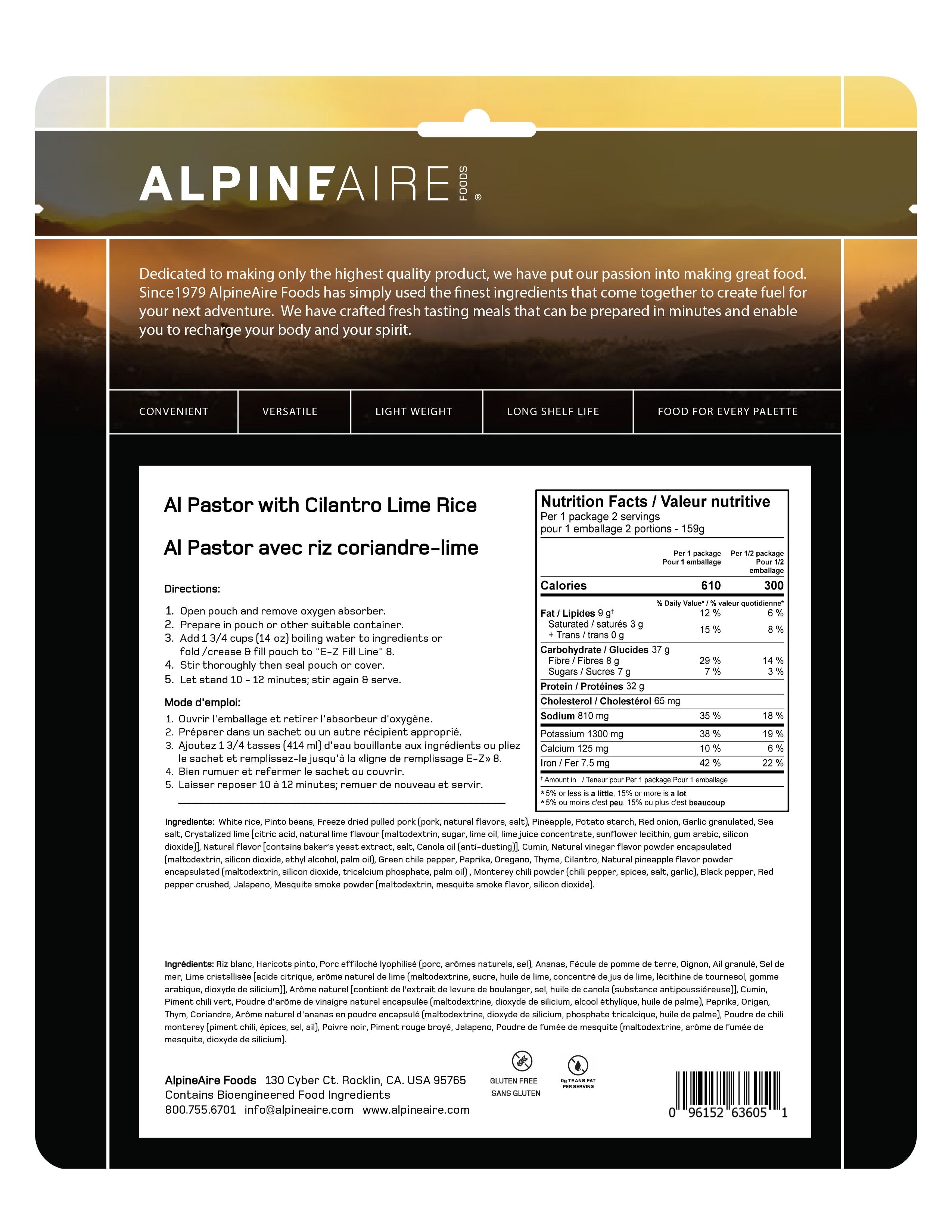 AlpineAire Al Pastor with Cilantro Lime Rice - Freeze Dried Mexican Meal - Camping, Hiking & Emergency Food Supply - Ready to Eat Backpacking Meal