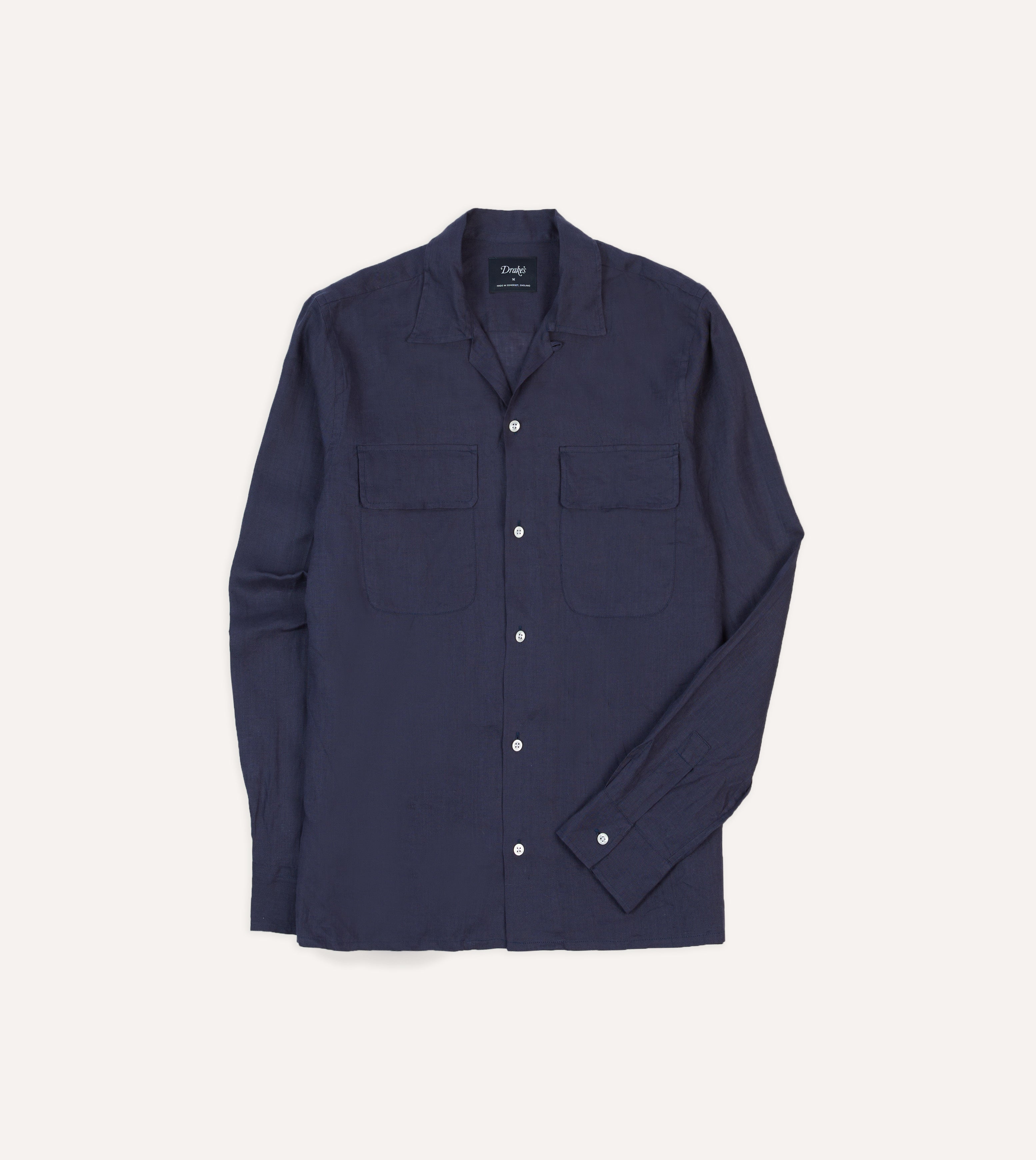 Men's Navy Blue Linen Camp Collar Long Sleeve Casual Shirt - Breathable Summer Shirt for Beach, Travel & Outdoor Activities