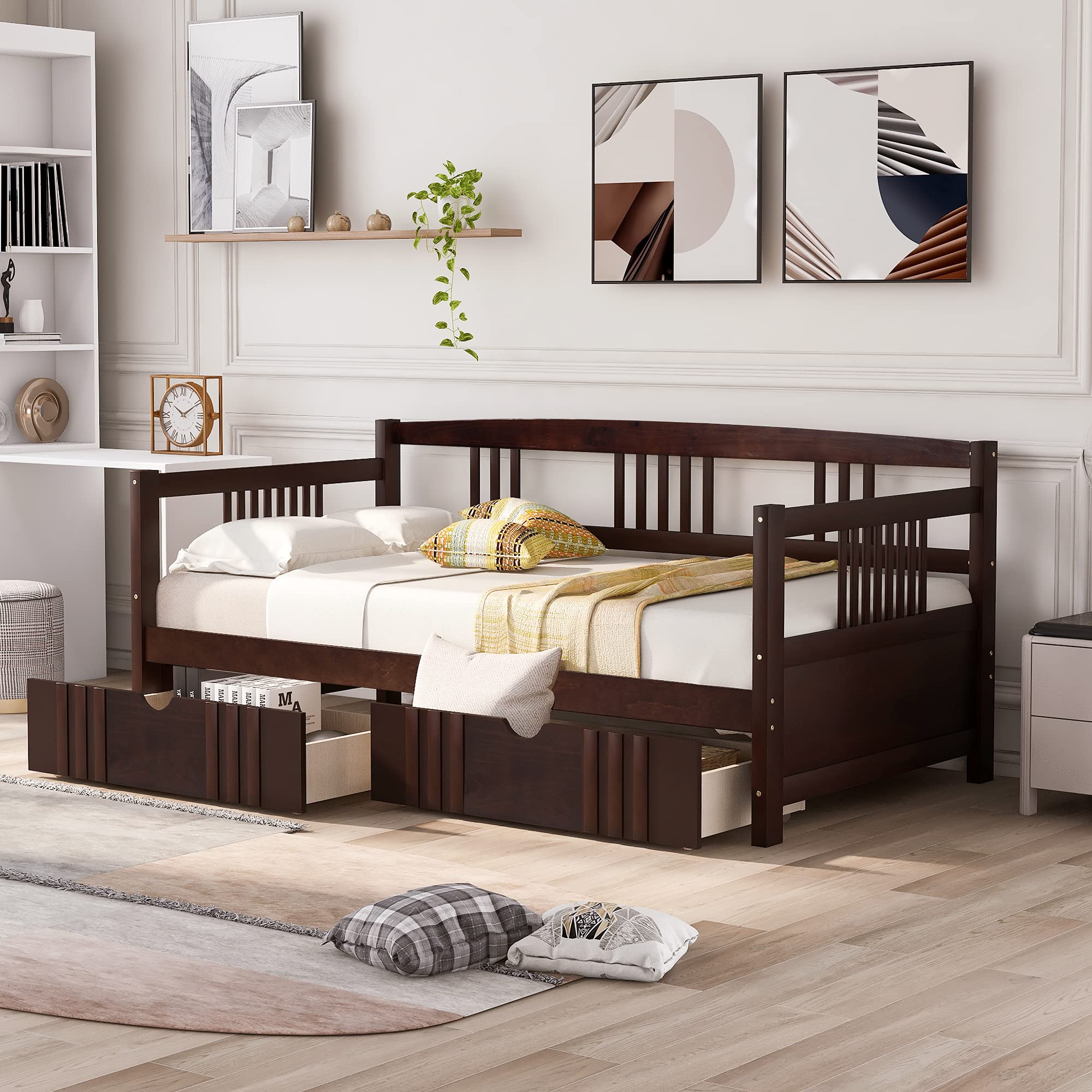 Twin Size Daybed with Storage Drawers - Wooden Daybed Frame for Kids, Teens & Adults - No Box Spring Needed - Espresso Finish - Perfect for Guest Rooms, Dormitories & Small Spaces
