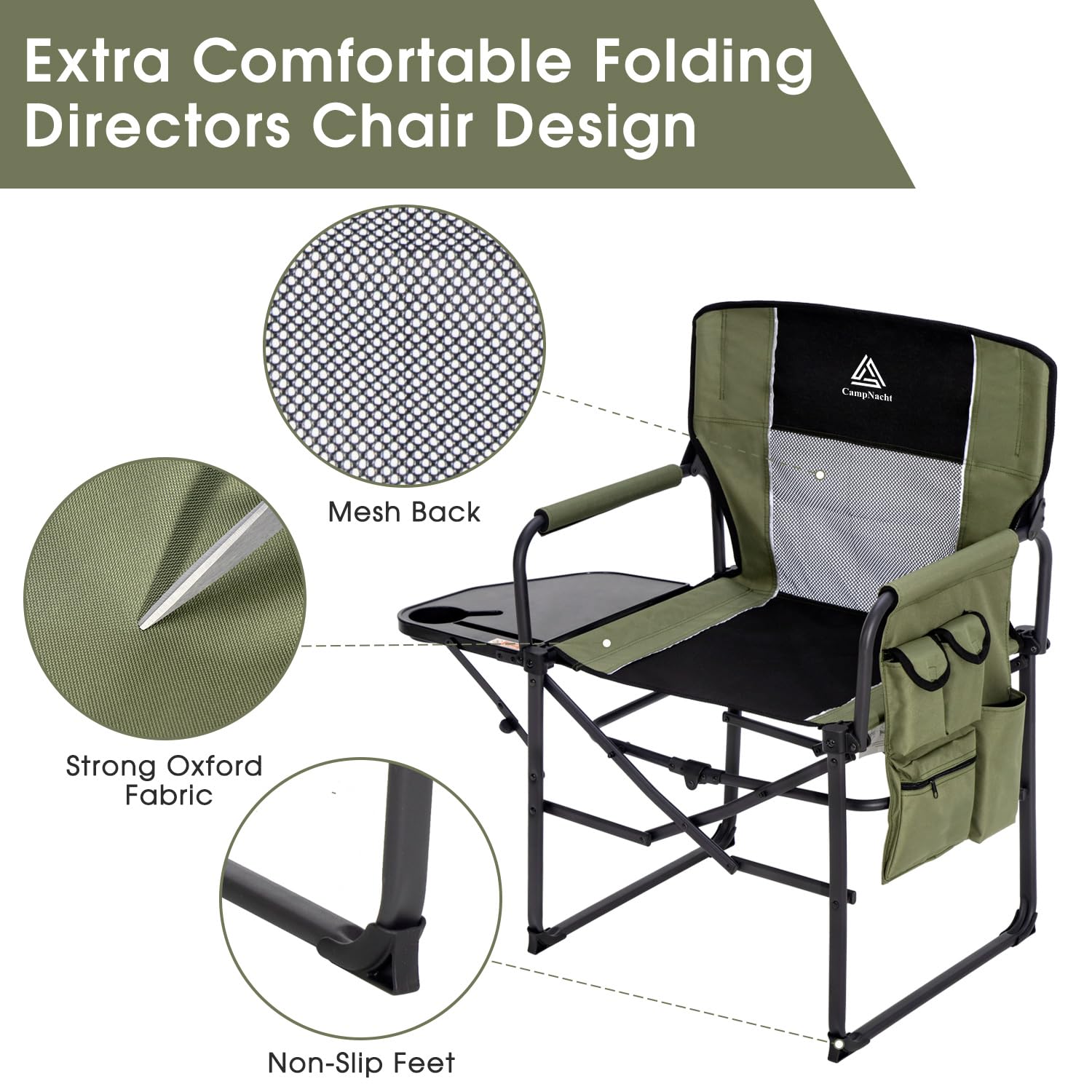 YOUGYM Wide Folding Director Chair with Side Table - 2 Pack Heavy Duty Camping Chairs for Adults (330 lbs Capacity) - Portable Outdoor Chairs with Cup Holder & Carry Bag - Perfect for Patio, Beach, Picnic & Backyard Relaxation - Green