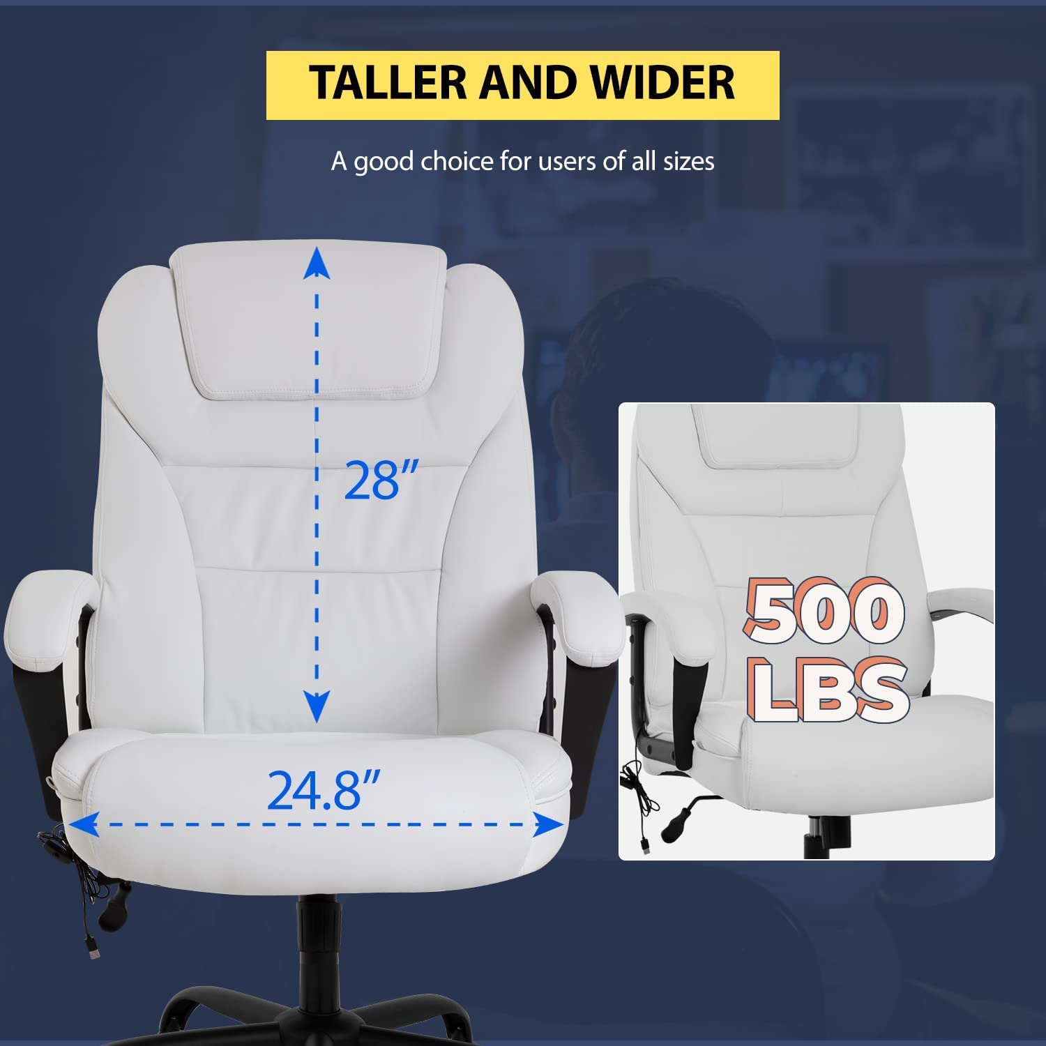 Big and Tall Office Chair 500 lbs Wide Seat - Ergonomic Computer Desk Chair with Lumbar Support, Adjustable Armrests & PU Leather Massage - Heavy Duty Swivel Task Chair for Home Office (White) - Perfect for Long Work Hours & Back Pain Relief