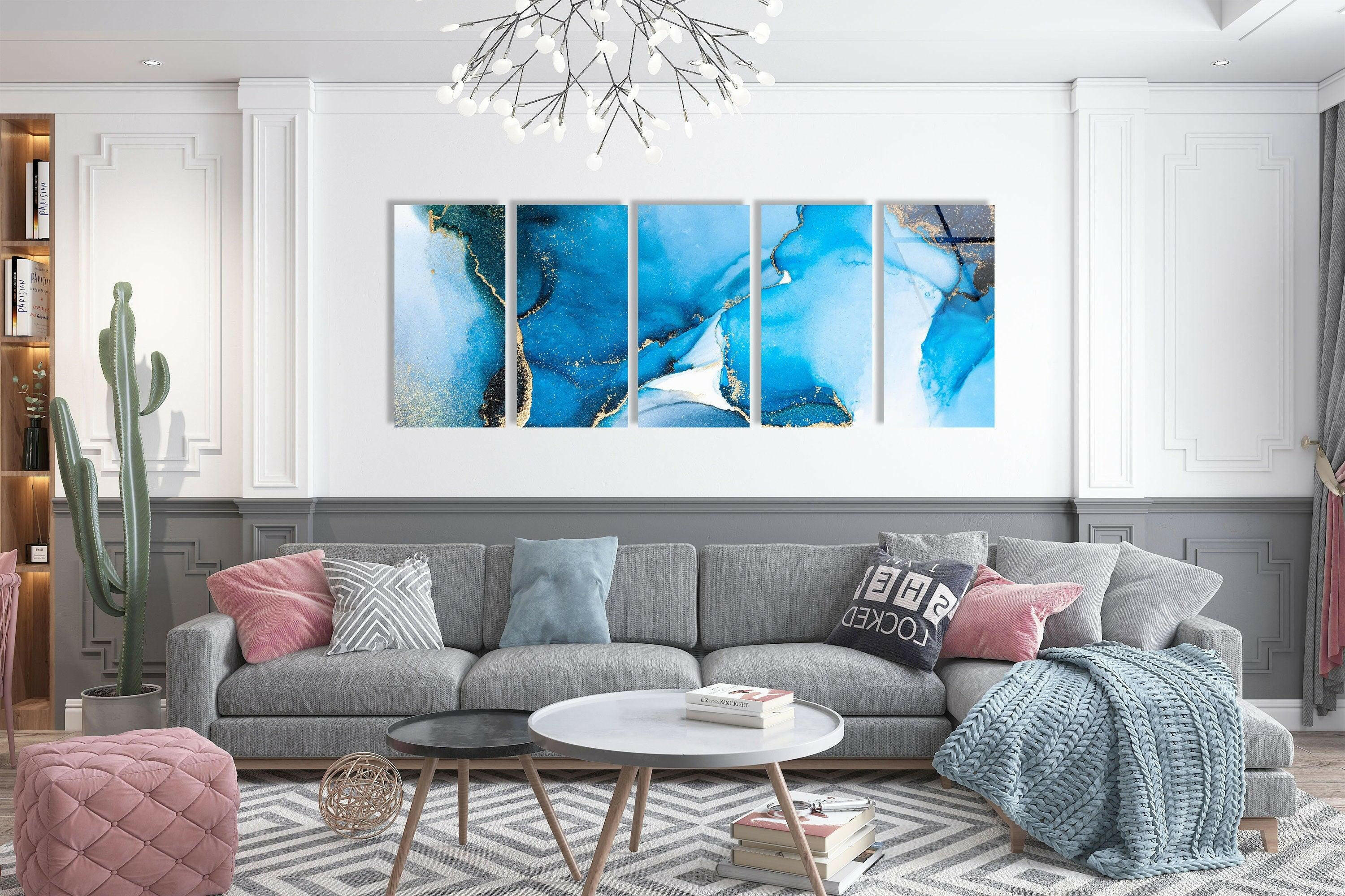 Blue Marbled Alcohol Ink Abstract Glass Wall Art - Handmade Modern Home Decor for Living Room, Bedroom, Office | Unique Gift Idea for Housewarming & Wedding