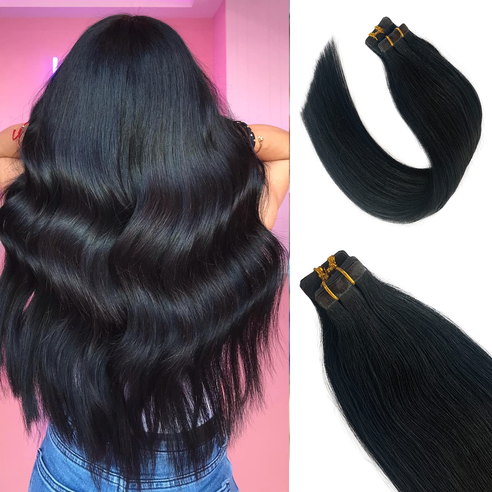 Licoville 22 Inch Tape in Hair Extensions - #1 Jet Black Straight Human Hair Extensions (60g, 20pcs) | Seamless Real Hair Tape Extensions for Women | Can Be Styled & Curled | Perfect for Daily Wear, Parties & Special Occasions