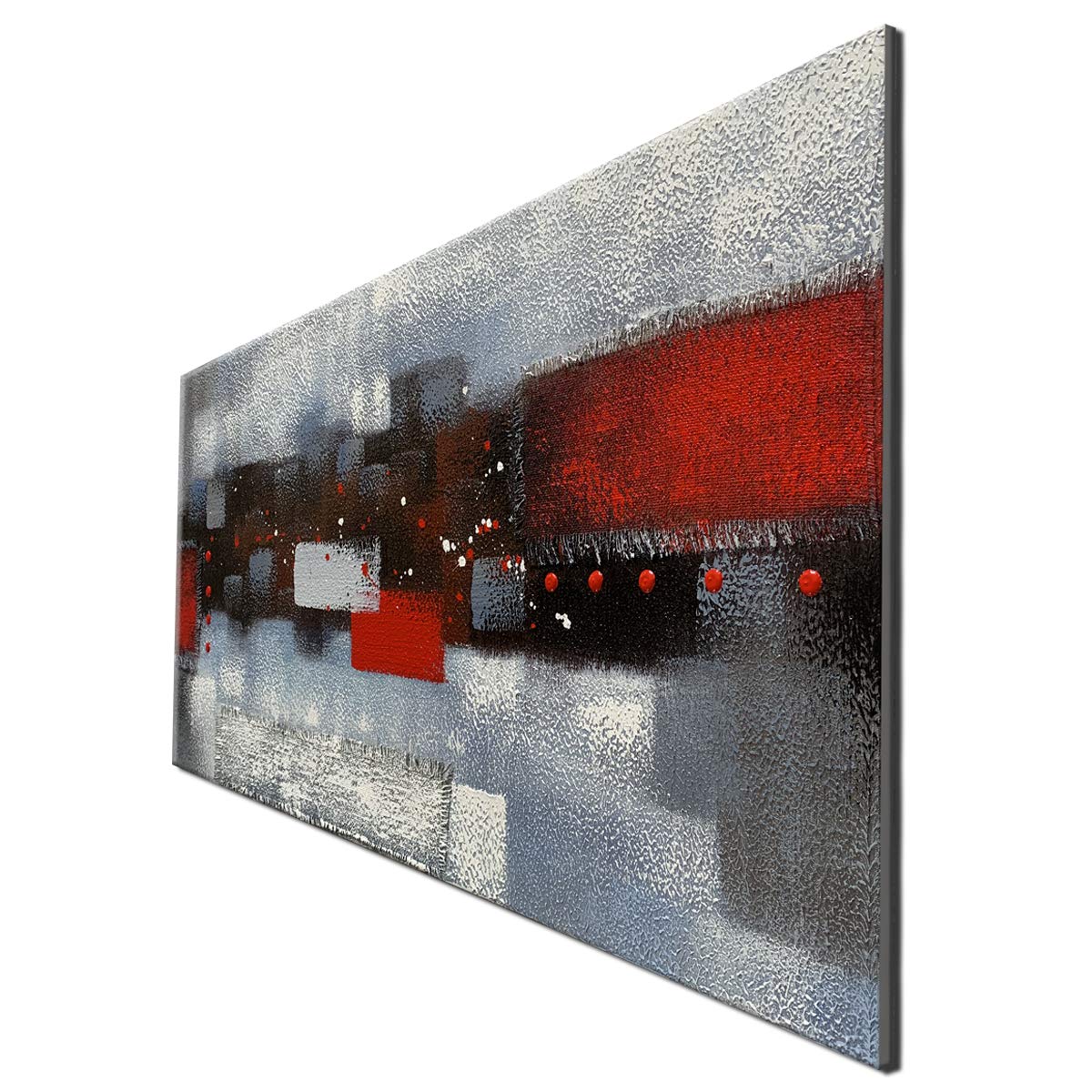 Large Abstract Red Gray Linen Wall Art - Hand Painted Textured Oil Painting on Canvas - Framed Ready to Hang 60x30 Inches - Perfect for Living Room, Bedroom & Office Decor