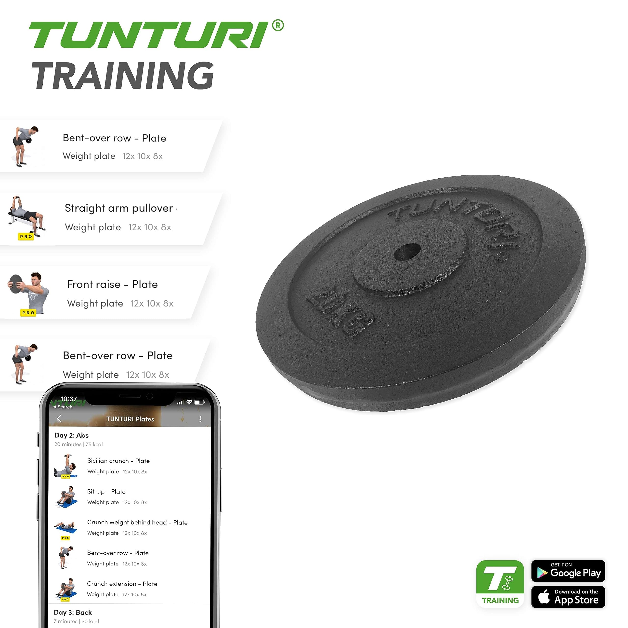 Tunturi 20kg Cast Iron Weight Plate - Unisex Black Single Plate for Home Gym & Strength Training