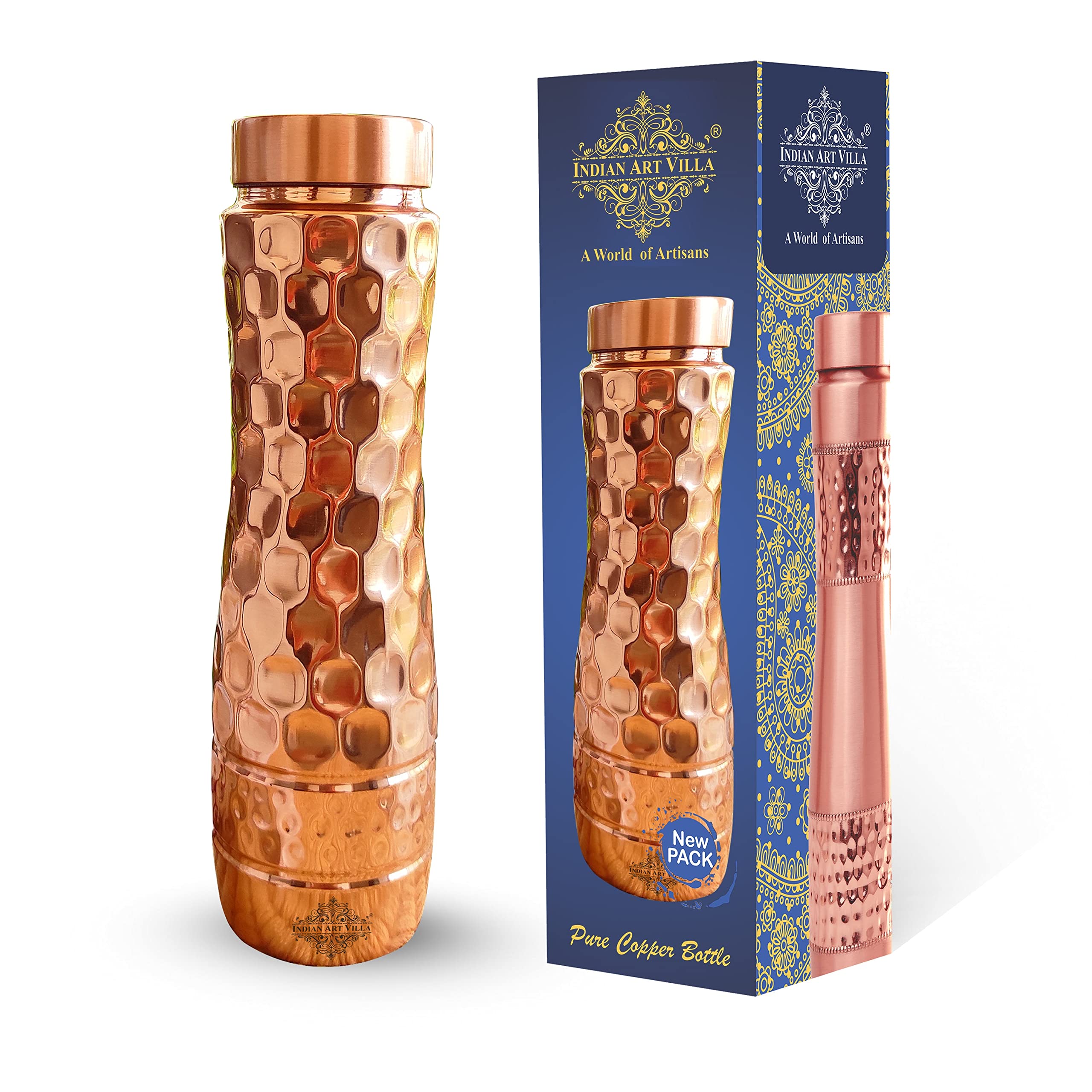 Premium 34oz Hammered Copper Water Bottle with Honeycomb Design & Shine Finish – Ayurvedic Copper Drinkware for Home, Office, Yoga & Wellness – BPA-Free Reusable Bottle for Detox, Hydration & Gifts