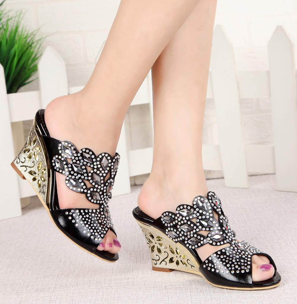 LizFoYa Women's Rhinestone Slip-On Wedge Heel Sandals - Comfortable Casual & Evening Shoes for Summer, Parties, Weddings & Date Nights