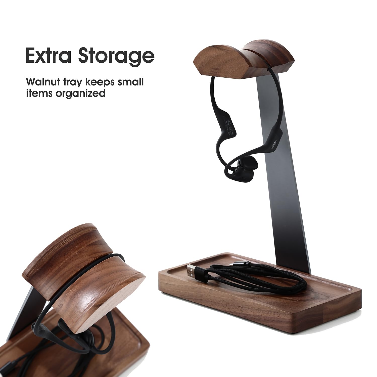 Premium Walnut Wood Headphone Stand with Storage Base - Stylish Desk Organizer for AirPods Max, Bose, Sony, Sennheiser & Gaming Headsets - Perfect Gift for Audiophiles & Gamers - Ideal for Home Office, Gaming Setup & Studio Use