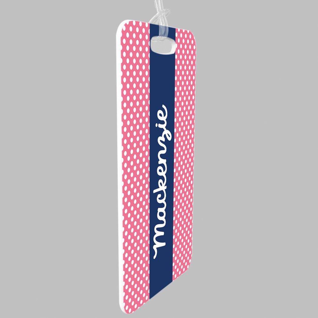 Personalized Pink Polka Dot Luggage Tag - Custom Name & Contact Info - Small Durable Bag Tag for Travel, Suitcases & Backpacks - Perfect Gift for Frequent Flyers & Vacationers