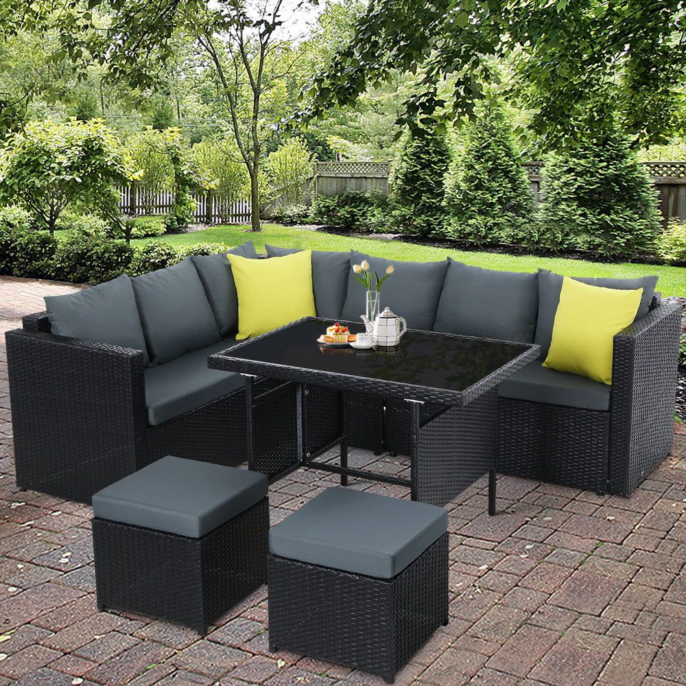 Premium Outdoor Patio Furniture Set - 7-Piece Wicker Dining Sofa Table & Chairs - Black Garden Lounge Set for Backyard, Poolside & Terrace Relaxation
