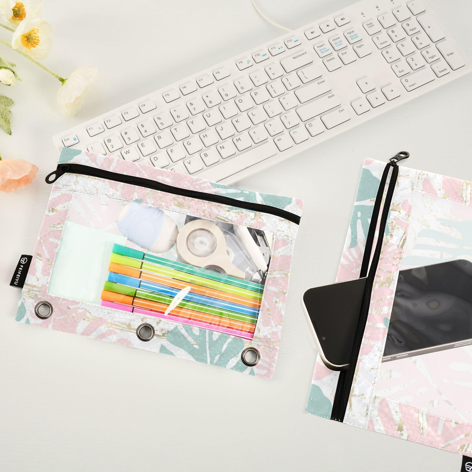 Gredecor 2-Pack Tropical Floral Pastel Pink & Mint Gold Zipper Pencil Pouch - 3-Ring Binder Organizer for School, Office, College Supplies | Clear Plastic Pencil Case for Binders, Notebooks & Backpack Organization