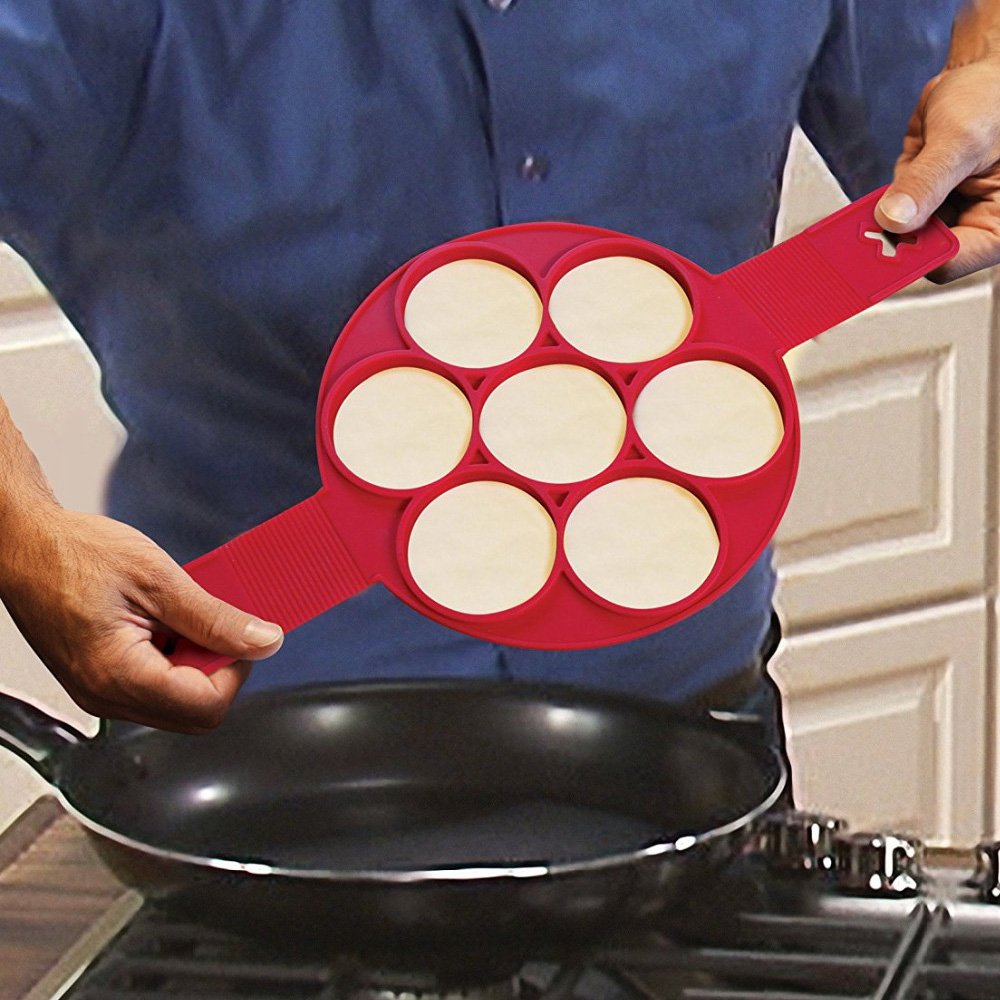 Non-Stick Silicone 7-Hole Pancake Maker - Perfect for Breakfast, Kids & Family Cooking - Red
