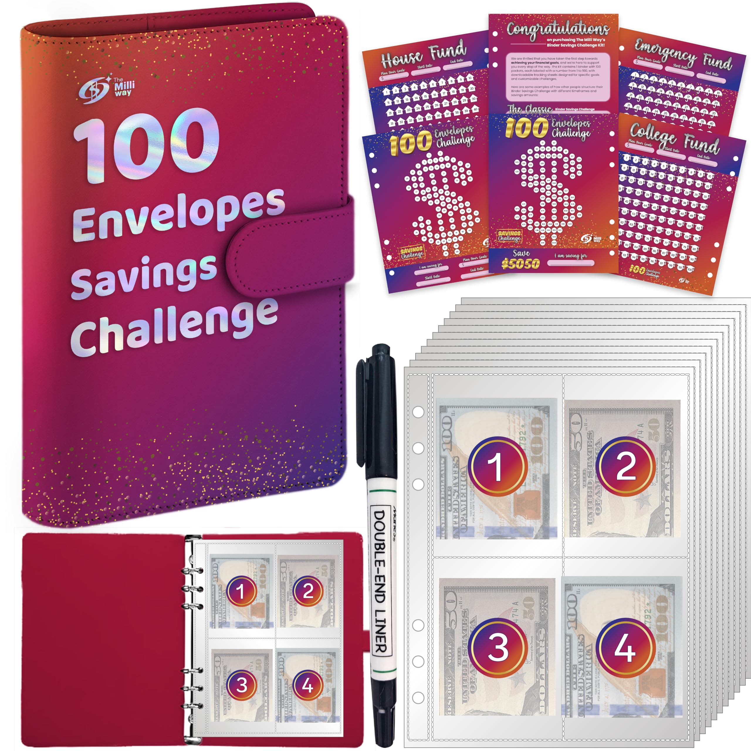 100 Envelope Money Saving Challenge Binder - Budget Tracker & Savings Organizer for $5050 in 100 Days | Fun Cash Envelope System for Financial Goals | Perfect for Home Budgeting, Emergency Funds & Debt Payoff (Pink)