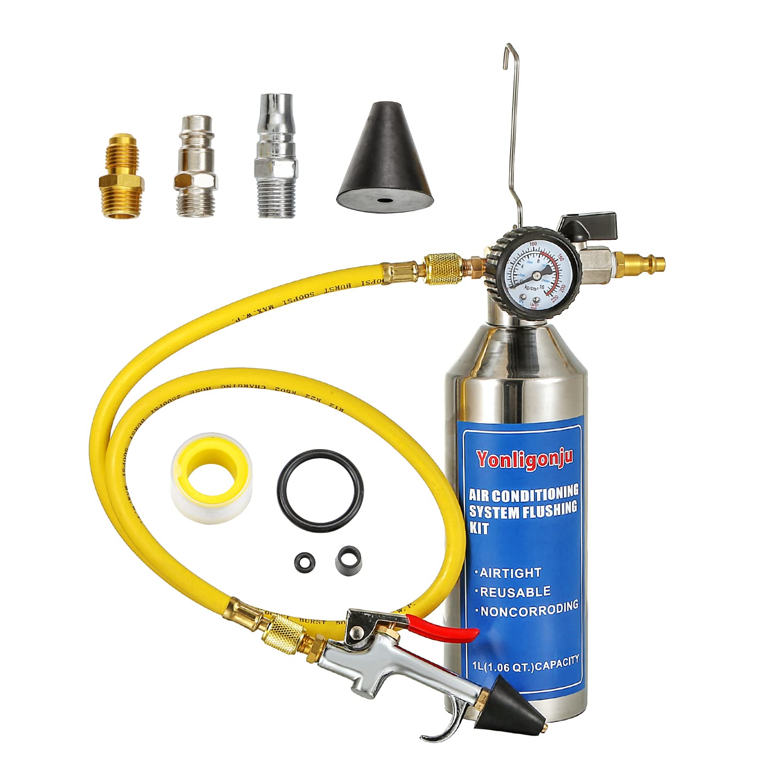 AC Flush Kit for Car Air Conditioning System - R134A R12 R22 R404 R410A Compatible, 220PSI Gauge with Air Fittings & Hose - Professional Auto AC Pipeline Cleaning Tool Set for Mechanics & DIY Car Maintenance