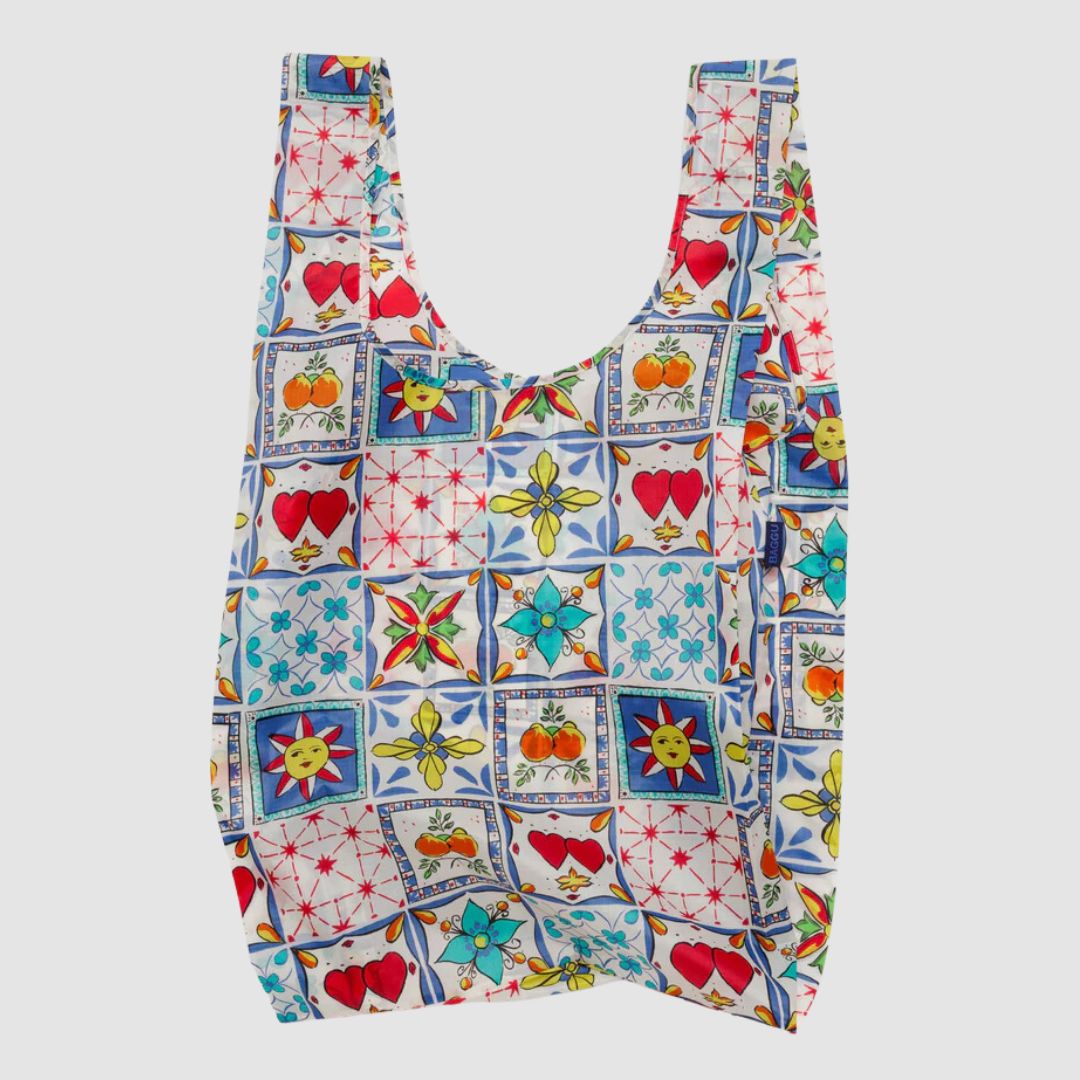 Big Baggu Reusable Shopping Tote Bag - Sunshine Tile Print | Eco-Friendly Foldable Grocery Bag for Shopping, Beach, Travel & Daily Use