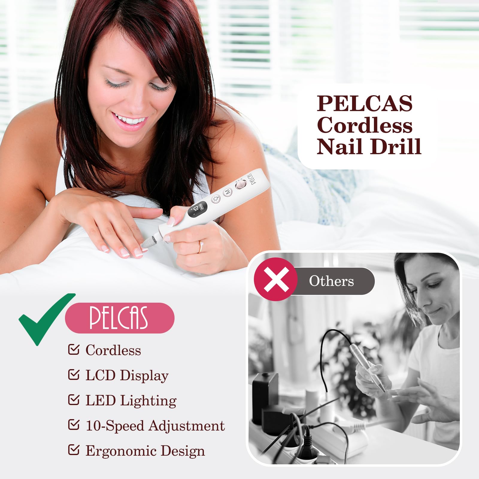 PELCAS Professional Cordless Electric Nail File Kit - 10-Speed LED Nail Drill with LCD Screen for Manicure & Pedicure | Safe for Natural, Acrylic Nails & Thick Toenails | Perfect for Home Salon, Pet Grooming & DIY Nail Care
