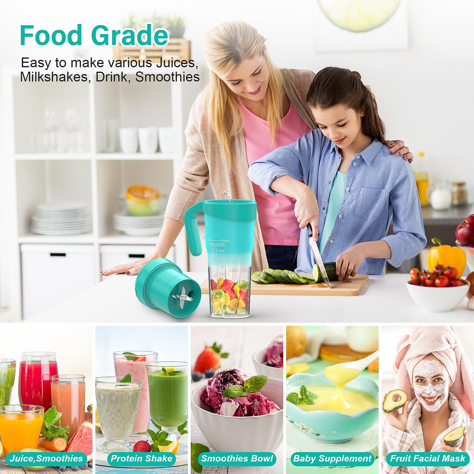 Portable USB Rechargeable Blender - 16oz (470ml) Mini Personal Blender with 6 Blades for Smoothies, Shakes & Baby Food | Travel, Kitchen & Gym Use | Green by HUIJUTCHEN