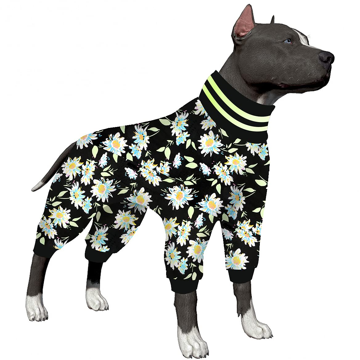 LovinPet Large Dog Pajamas - UV Protection High Collar Dog Jumpsuit with Stretchable Gerber Daisies Print, Base Layer Dog PJs Under Sweater, 4-Leg Large Dog Apparel - Perfect for Indoor Lounging, Cold Weather & Outdoor UV Protection