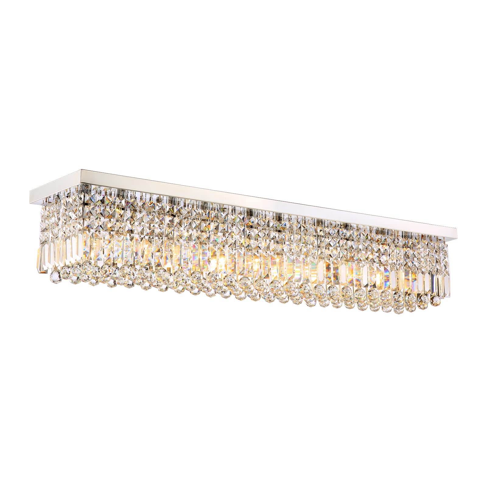 Siljoy Modern 10-Light Crystal Chandelier - Rectangular Flush Mount Ceiling Light Fixture with K9 Crystal Raindrops - 47