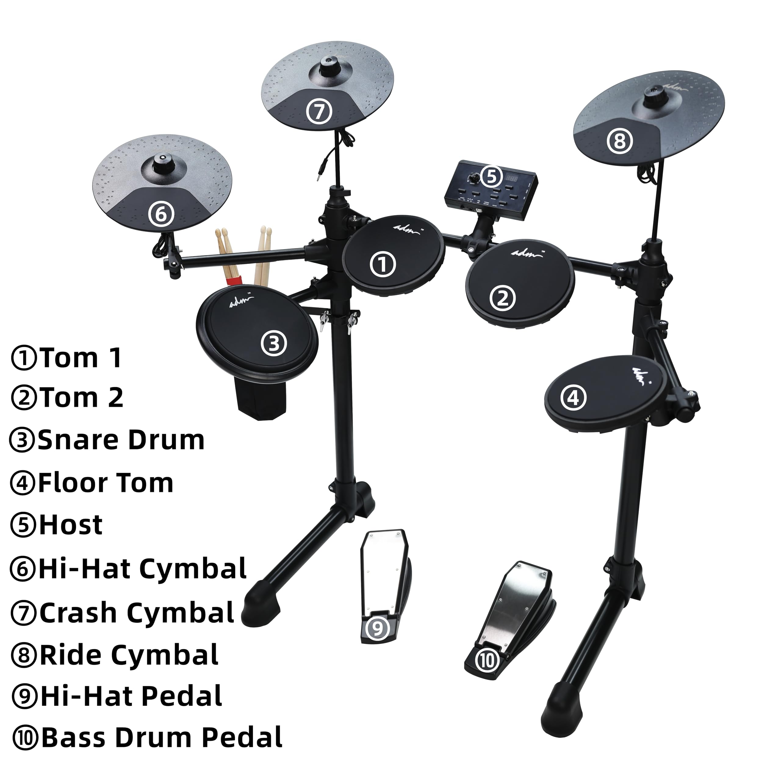 ADM Electronic Drum Set with 4 Quiet Mesh Pads - 180+ Realistic Sounds, Beginner Electric Drum Kit with Dual Pedals, Throne, Headphones & Sticks | Perfect for Home Practice, Music Lessons & Silent Training