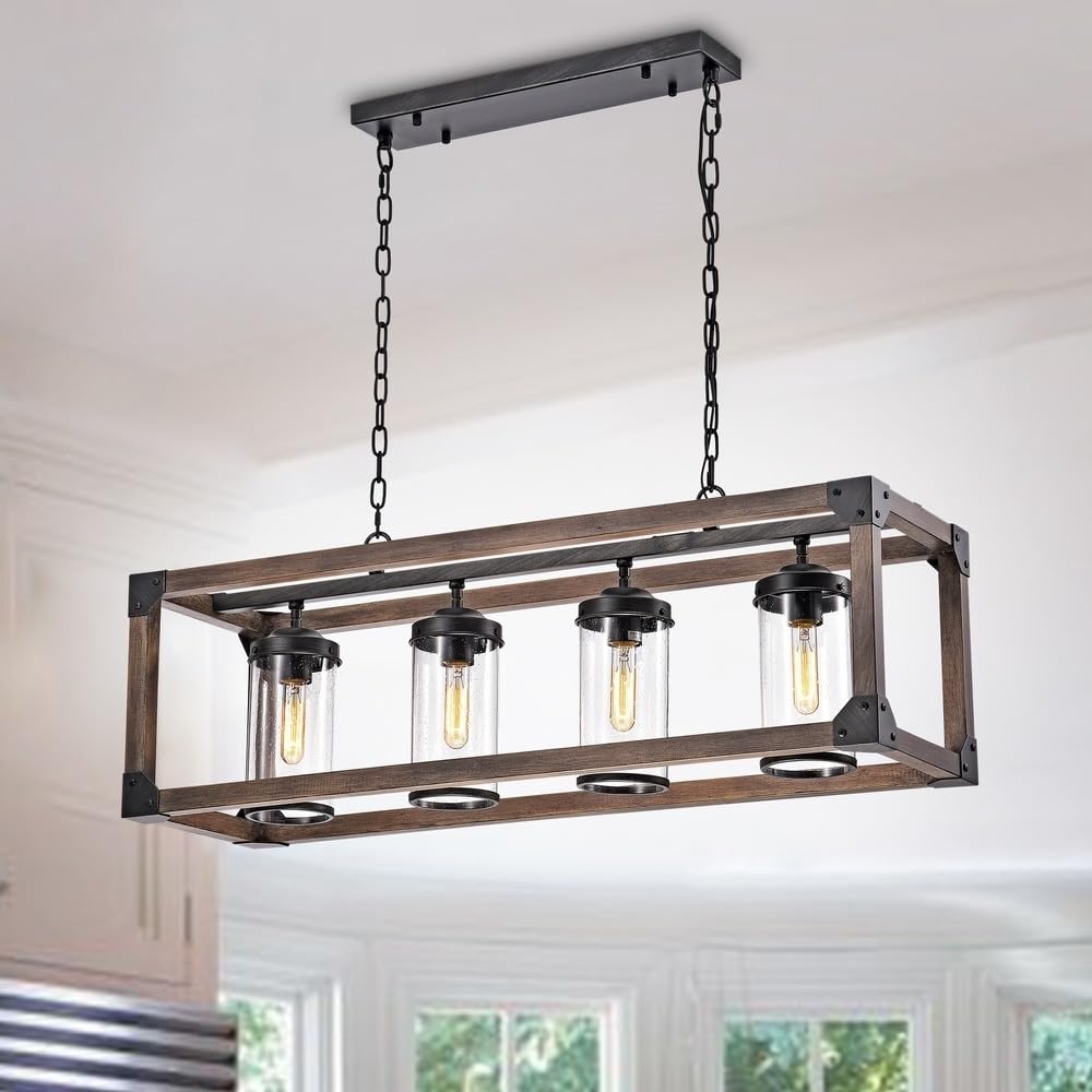 Daniela Antique Black Metal and Wood 4-Light Chandelier - Vintage Farmhouse Ceiling Light Fixture for Dining Room, Bedroom, Living Room Decor