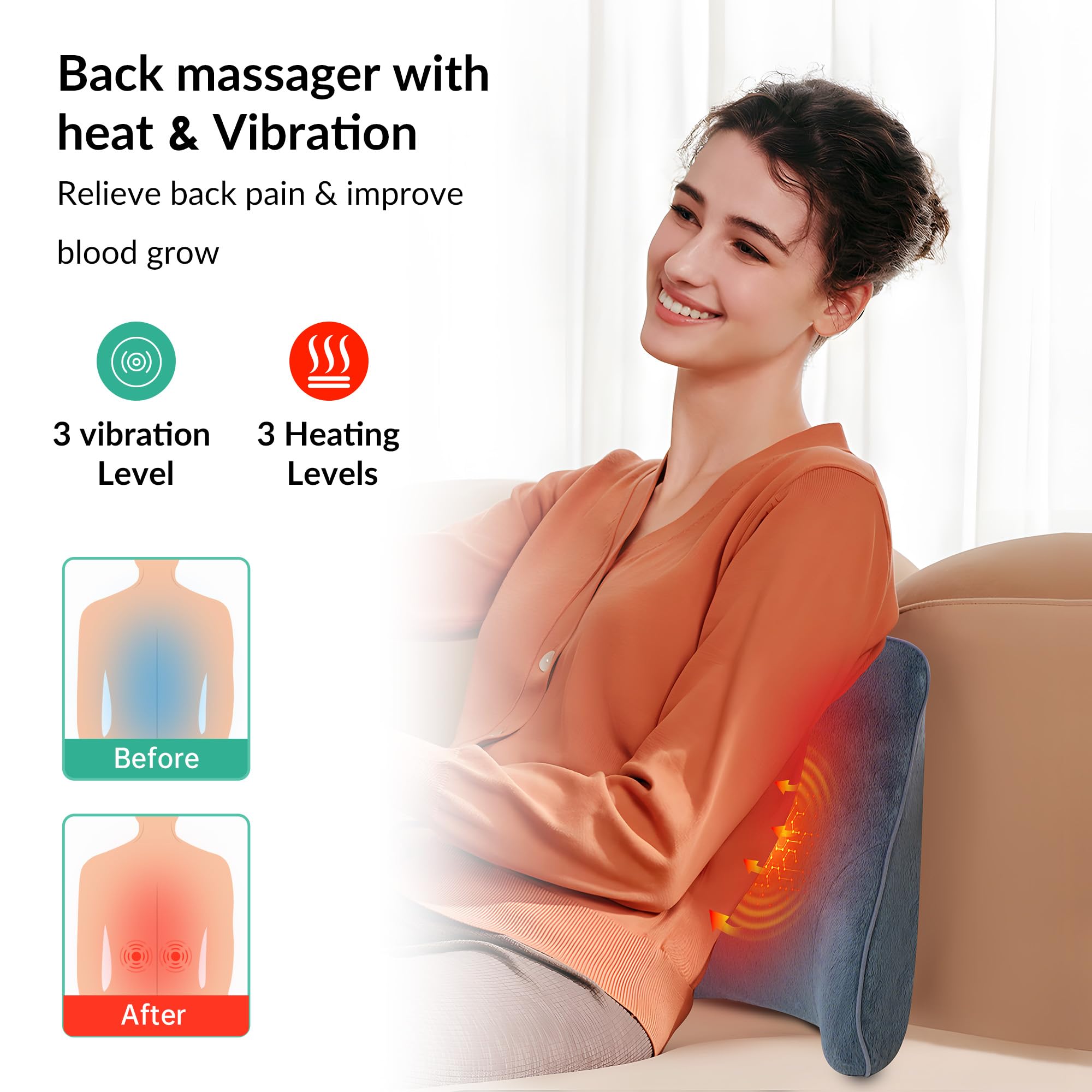 Snailax Heated Lumbar Support Pillow with Vibration - 3 Heat Levels & 3 Massage Modes - Office Chair & Car Back Support Cushion - Lower Back Pain Relief - Perfect for Work, Driving & Relaxation at Home