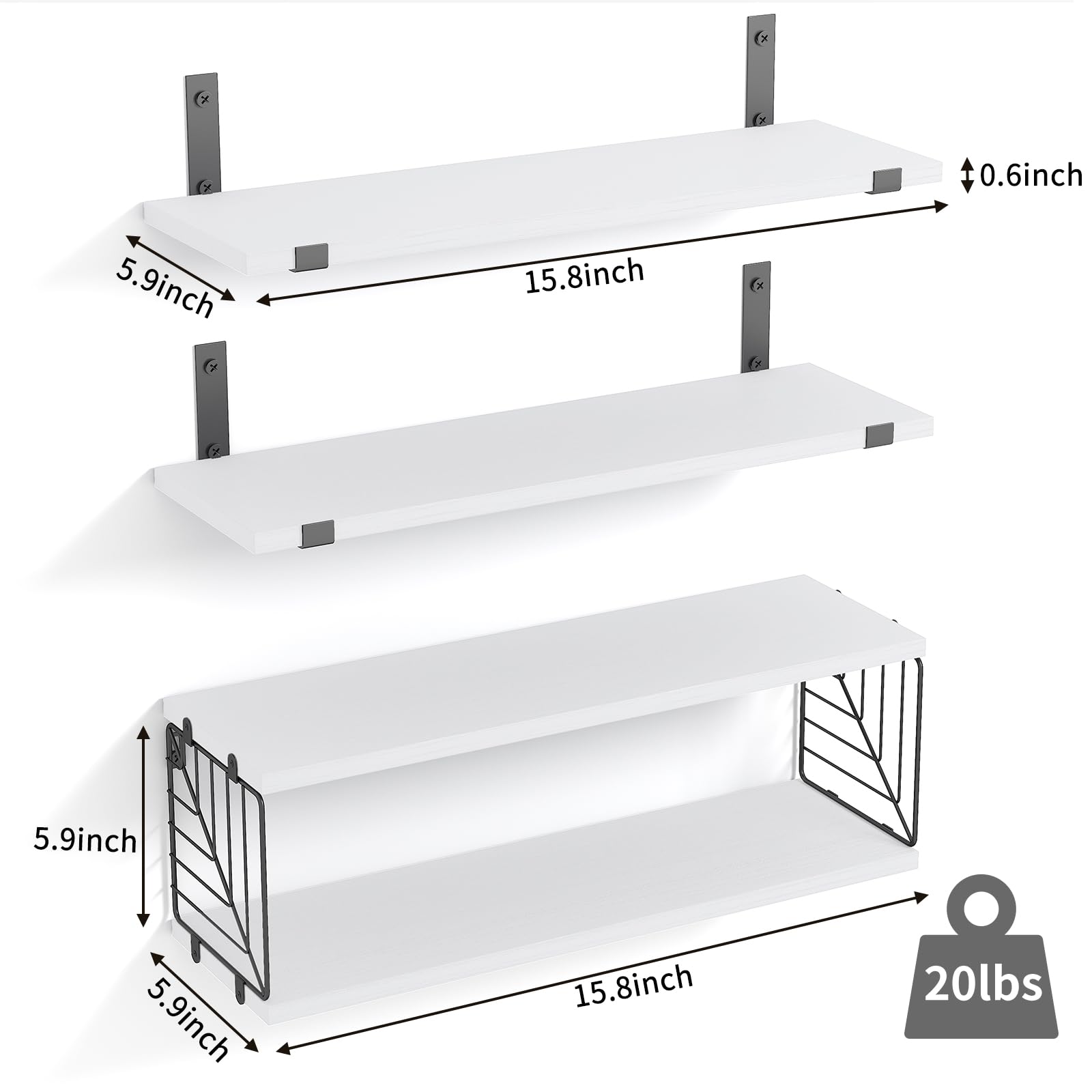 Fixwal 3-Tier Bathroom Floating Shelves Over Toilet - 15.8 Inch Rustic Farmhouse Wood Wall Shelves for Bathroom Storage - Perfect for Living Room, Bedroom & Kitchen Decor (White) - Ideal for Small Space Organization & Home Décor