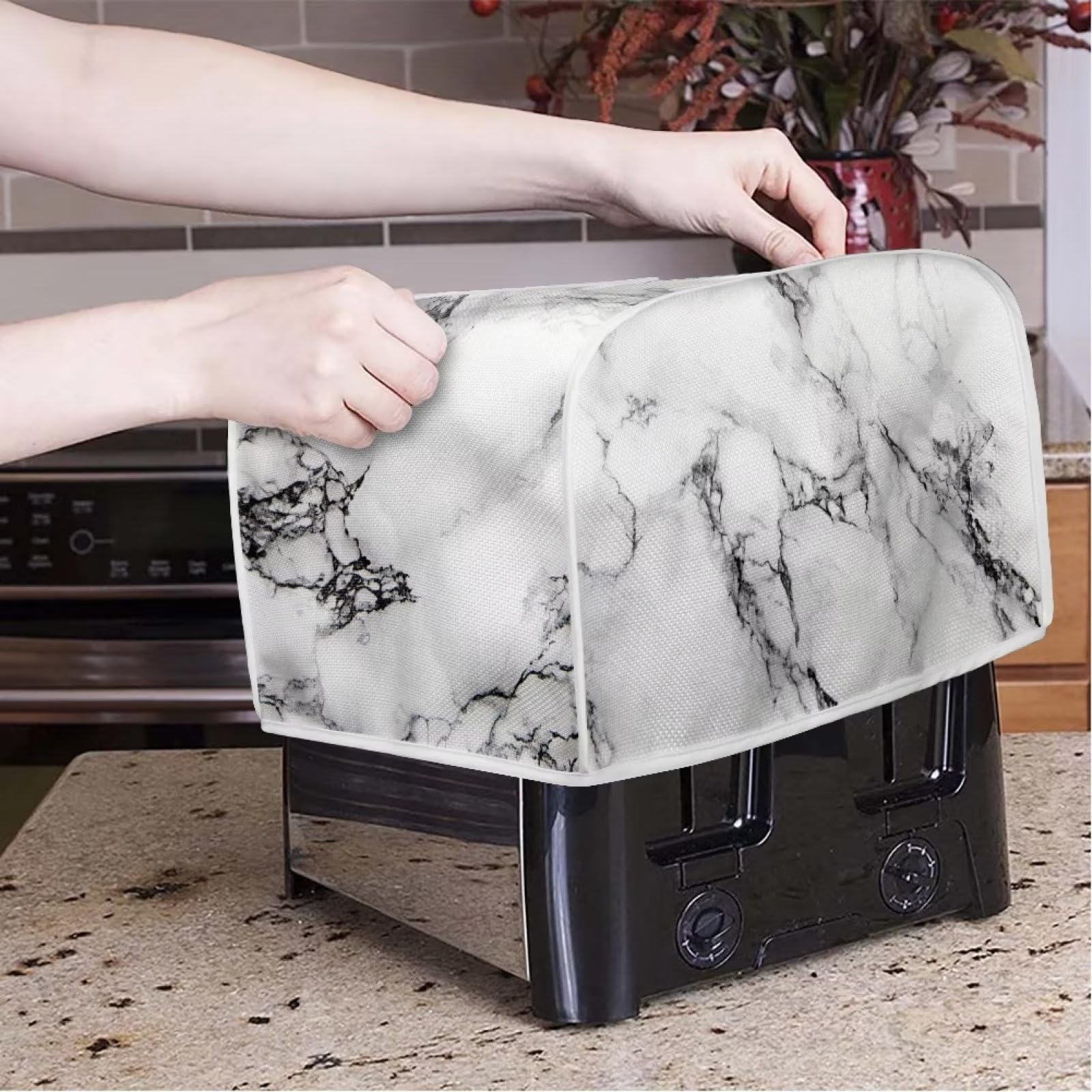 White Marble Print Toaster Cover - Dust & Grease Protection for 4-Slice Toasters - Kitchen Appliance Cover for Bread Makers - Perfect for Modern Kitchens & Breakfast Stations