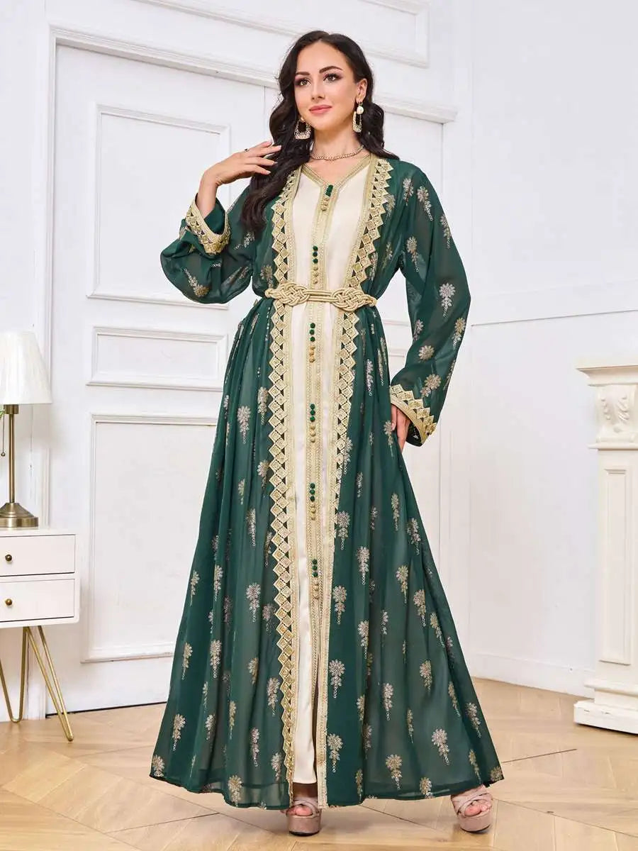Urgarment 2-Piece Embroidered Caftan Dress Set for Women - Elegant Kaftan Outfit for Eid, Summer, Beach & Special Occasions