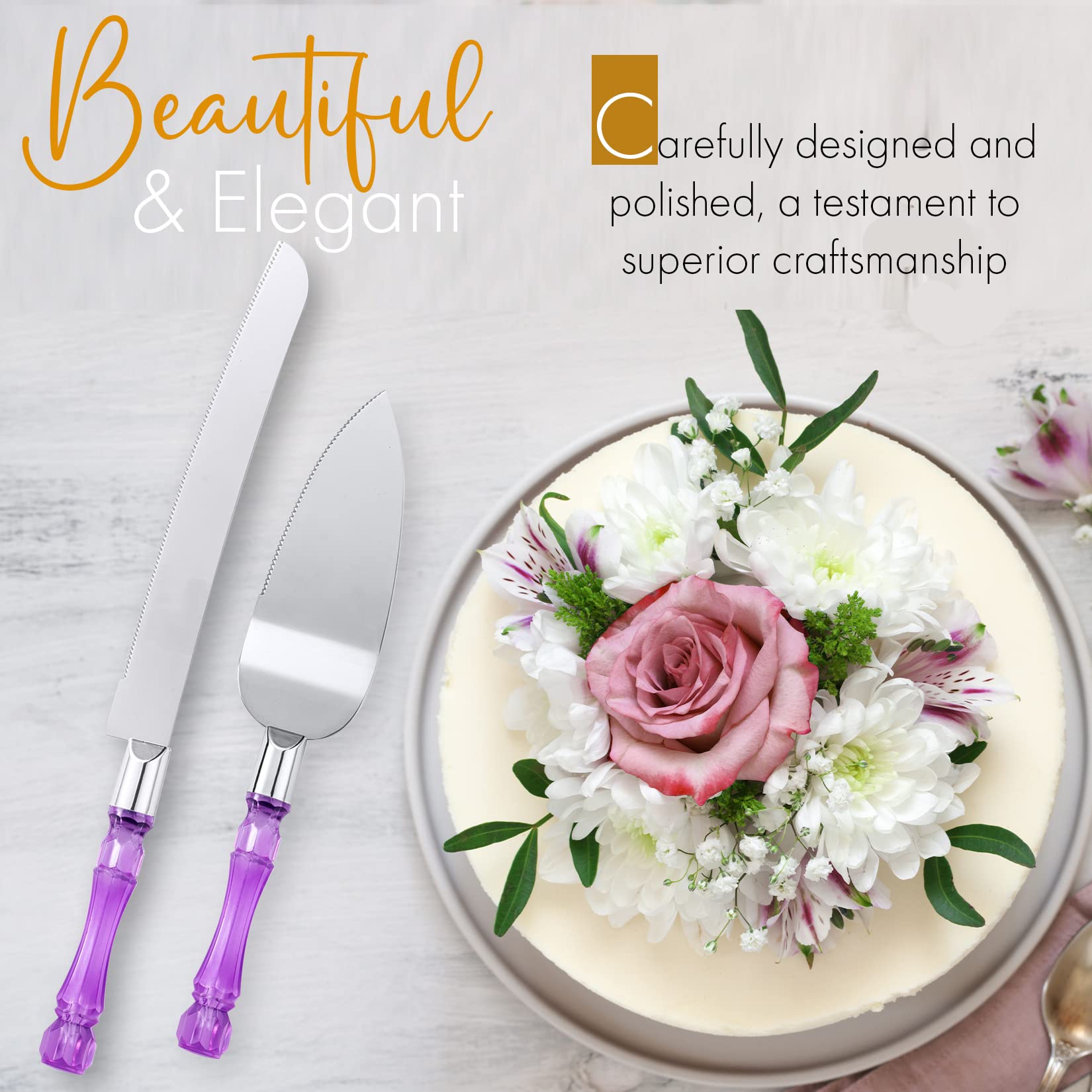 Premium Acrylic Crystal Handle Cake Knife and Server Set - Elegant Cake Cutter & Pie Spatula for Wedding, Birthday, Party Desserts (Purple Silver) - Perfect for Cake Cutting Ceremonies, Buffet Serving & Special Occasions
