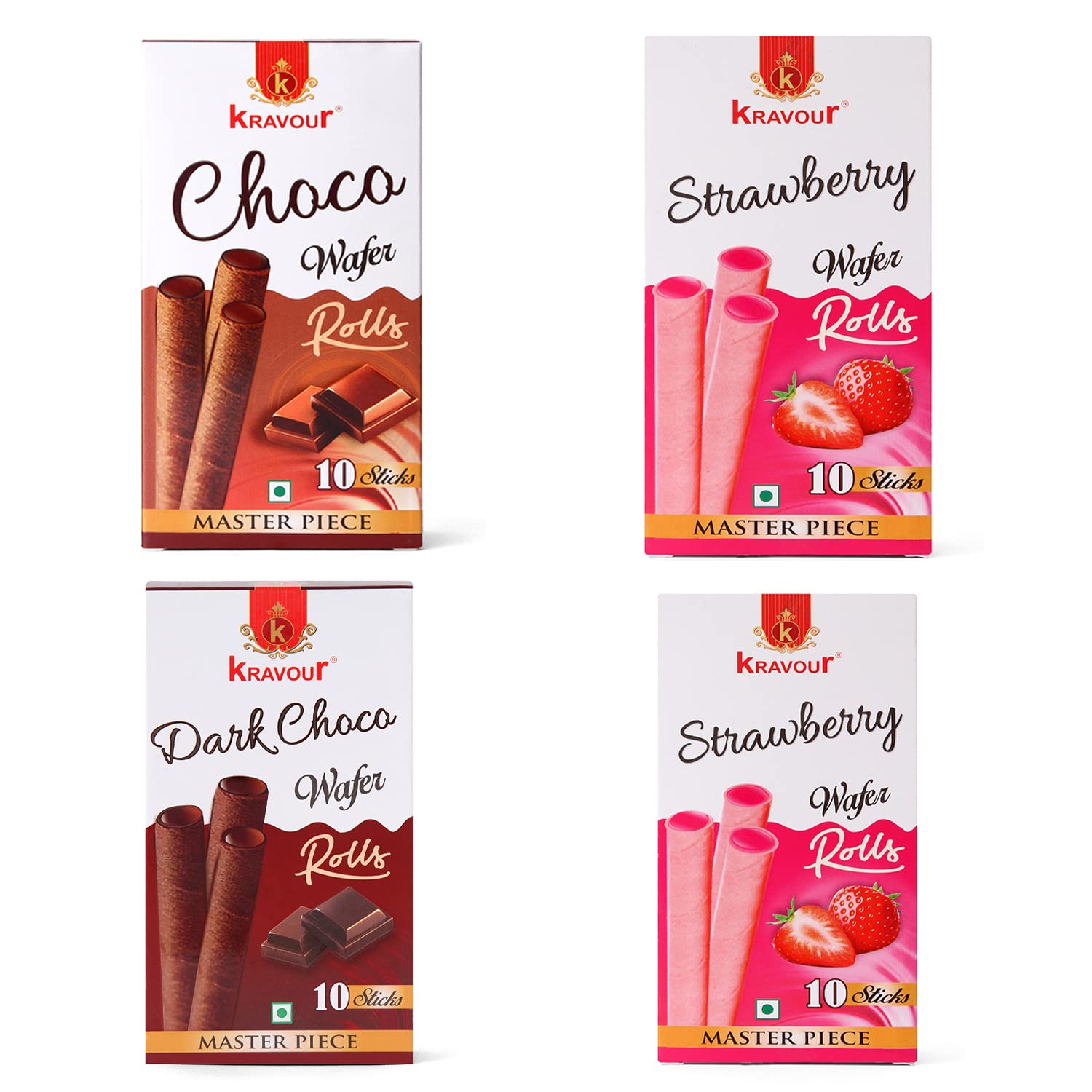 Kravour Wafer Rolls Combo Pack 400G - Chocolate, Dark Chocolate & Strawberry Flavors (100G Each) | Crispy Snacks for Parties, Gifts & Dessert Lovers