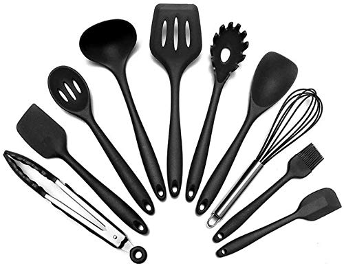 10-Piece Silicone Kitchen Utensil Set - Heat Resistant, Non-Scratch Cooking Tools with Spatula - Easy Clean Kitchenware for Baking, Frying & Everyday Cooking (Black)