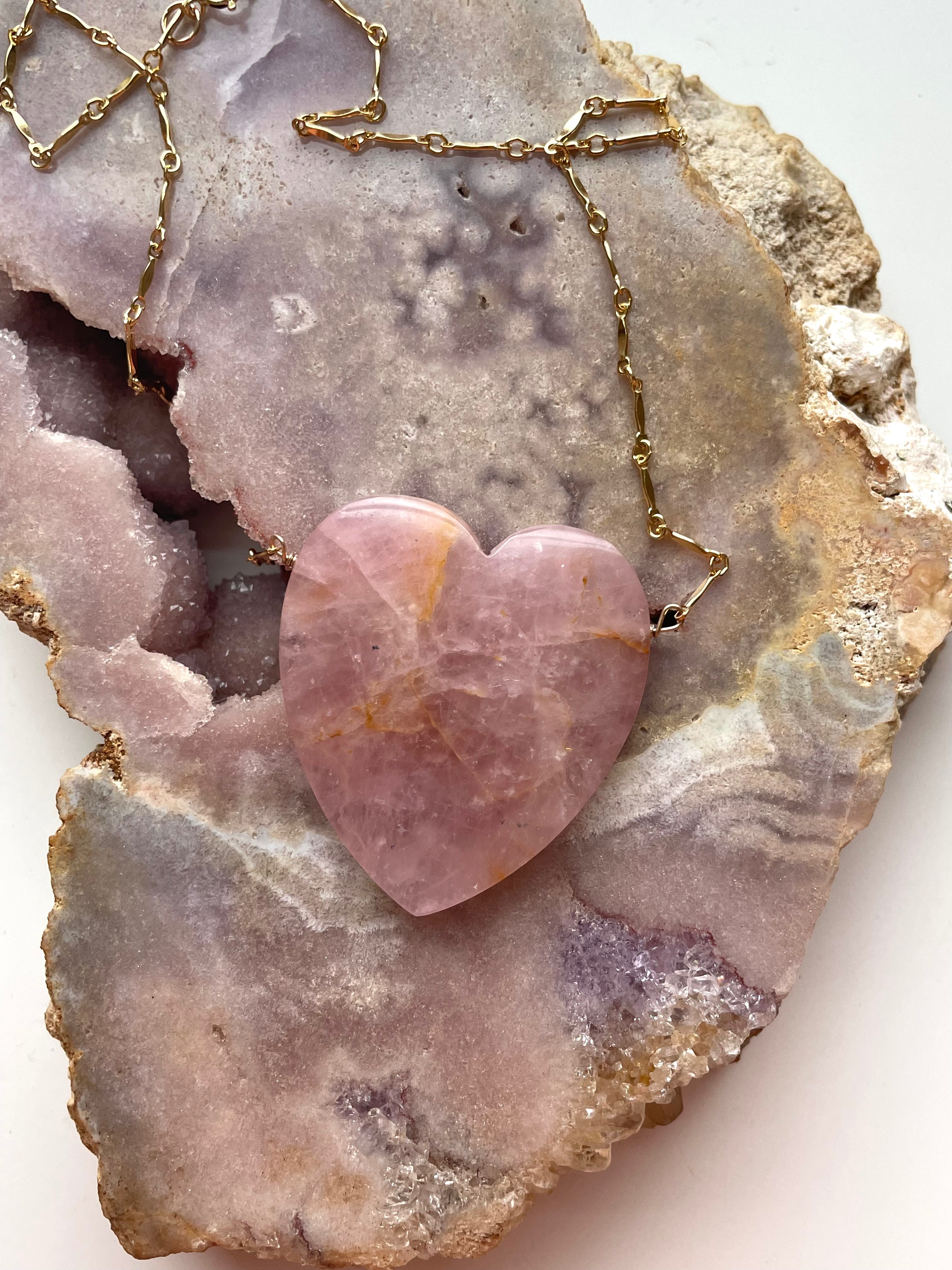 Large Rose Quartz Heart Pendant Statement Necklace - 14K Gold Filled Crystal Jewelry for Women, Gift for Her, Valentine's Day, Anniversary & Special Occasions