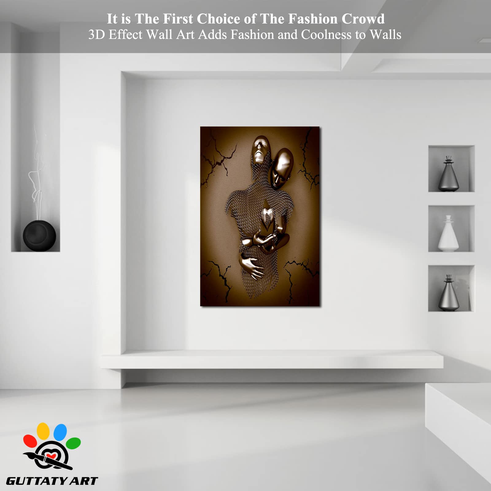 3D Metal Effect Canvas Wall Art - Love Heart Gray Brown 32x48 Inches | Modern Couples Bedroom Decor | Valentine's Day Gift | Living Room & Home Wall Decor