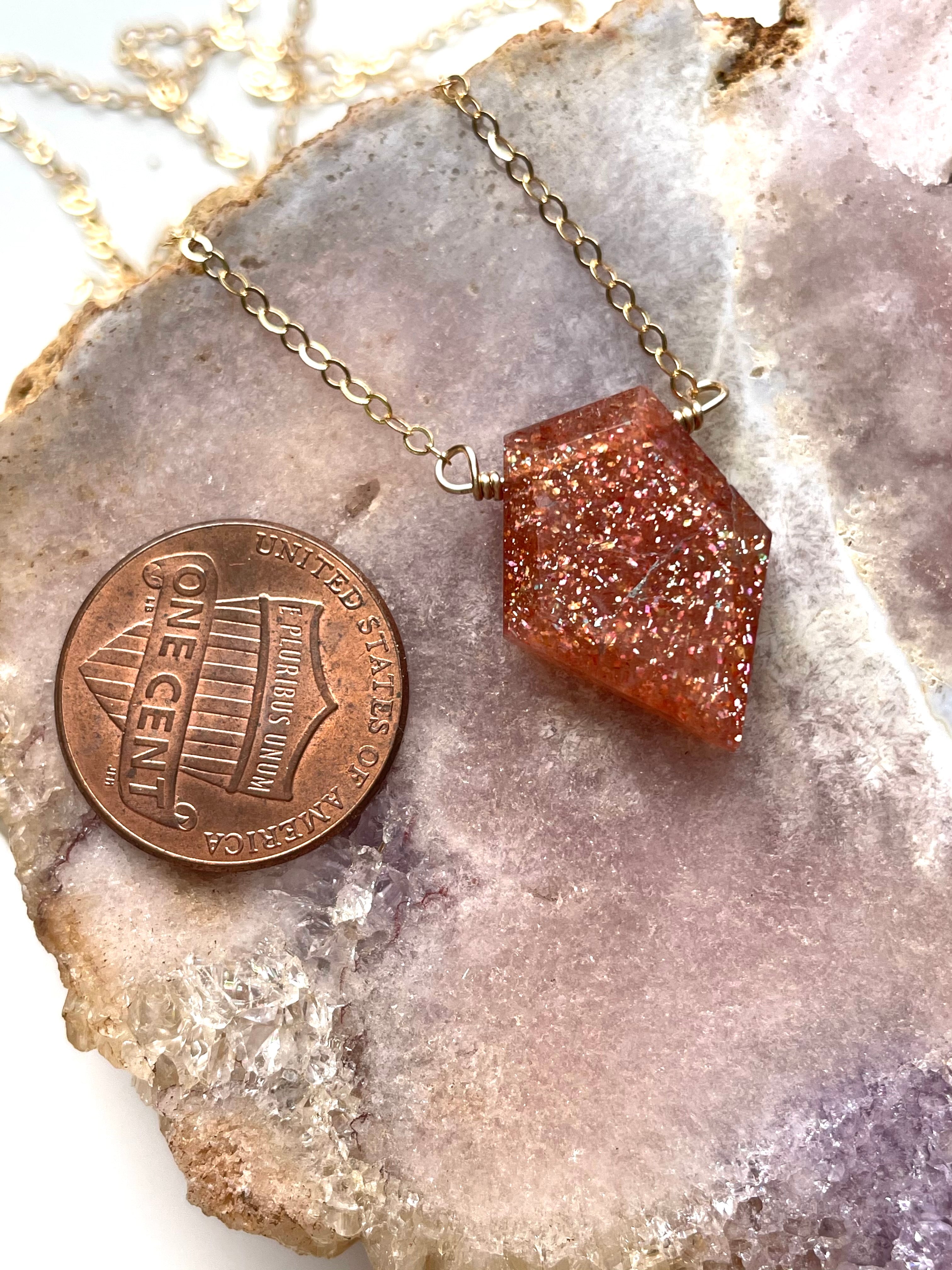 Small Sunstone Shield Necklace – Healing Crystal Jewelry for Protection & Positivity | Spiritual Gift, Energy Balancing, Meditation Accessory