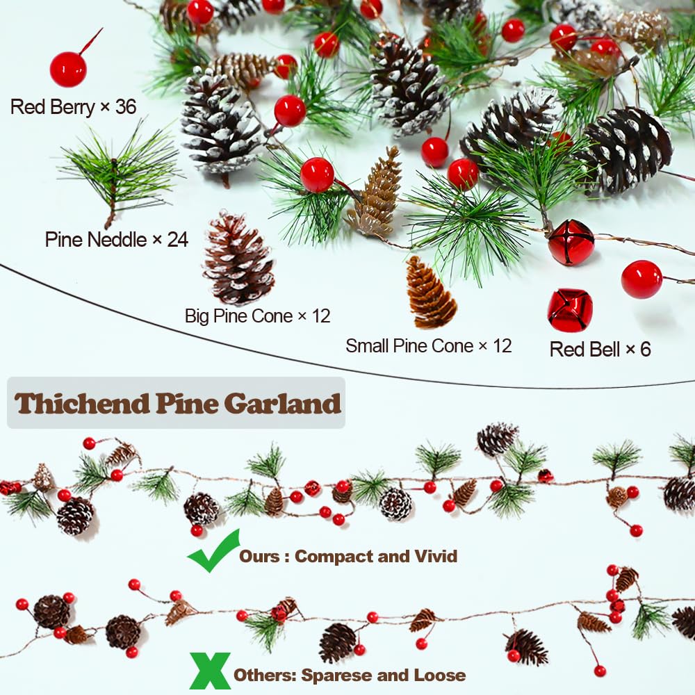 13ft LED Christmas Pine Garland with 40 Battery-Operated Lights & Red Berries - Holiday Decor for Tree, Fireplace, Stairs, Windows - Perfect for Indoor/Outdoor Xmas Decoration