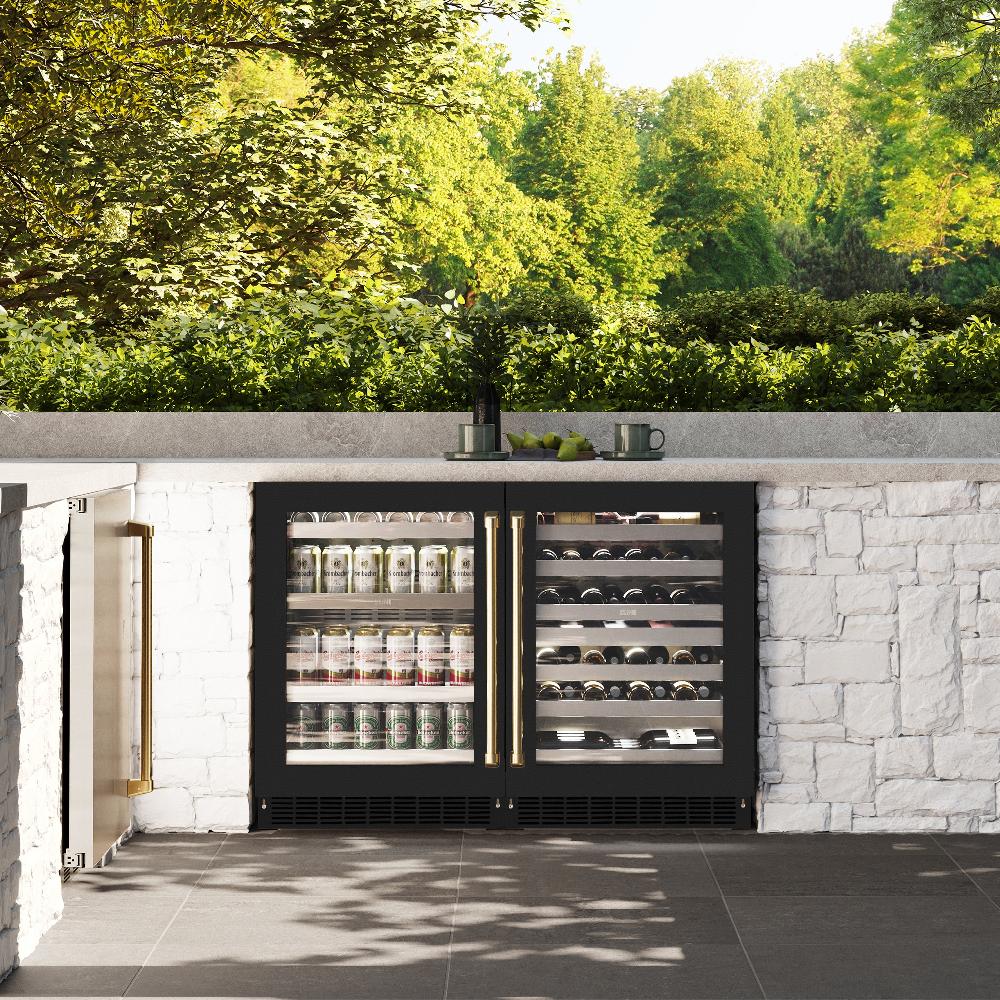 ZLINE Autograph Edition 24 Inch Touchstone Dual Zone 44 Bottle Wine Cooler - Black Matte Glass Door with Polished Gold Handle - Perfect for Home Bars, Wine Cellars & Entertaining Spaces (RWDOZ BLM 24 G)