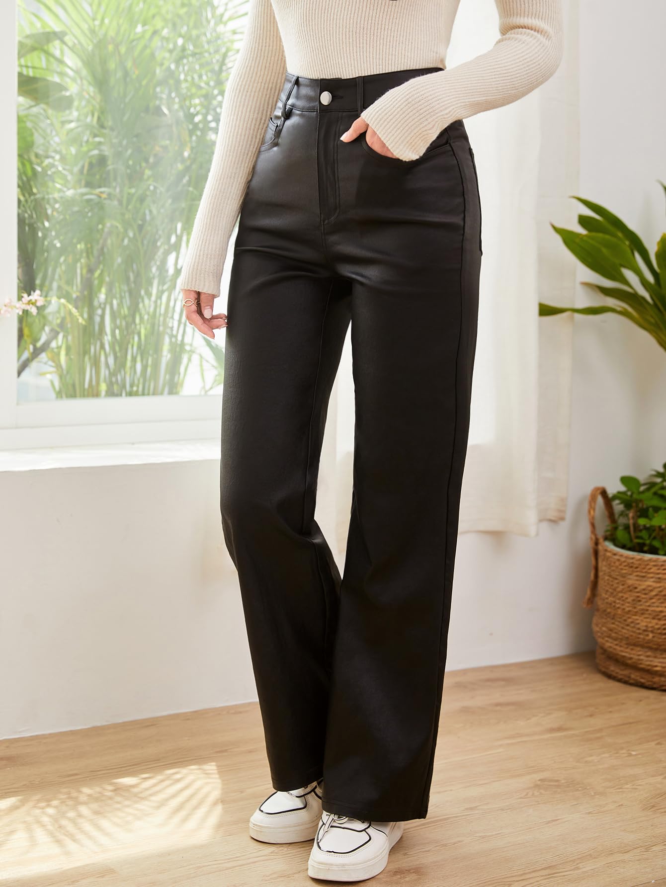 Verdusa Women's High Waist Leather Leggings with Pockets - Straight Wide Leg PU Pants for Work, Night Out & Casual Wear | Fashionable & Comfortable Stretch Faux Leather Pants